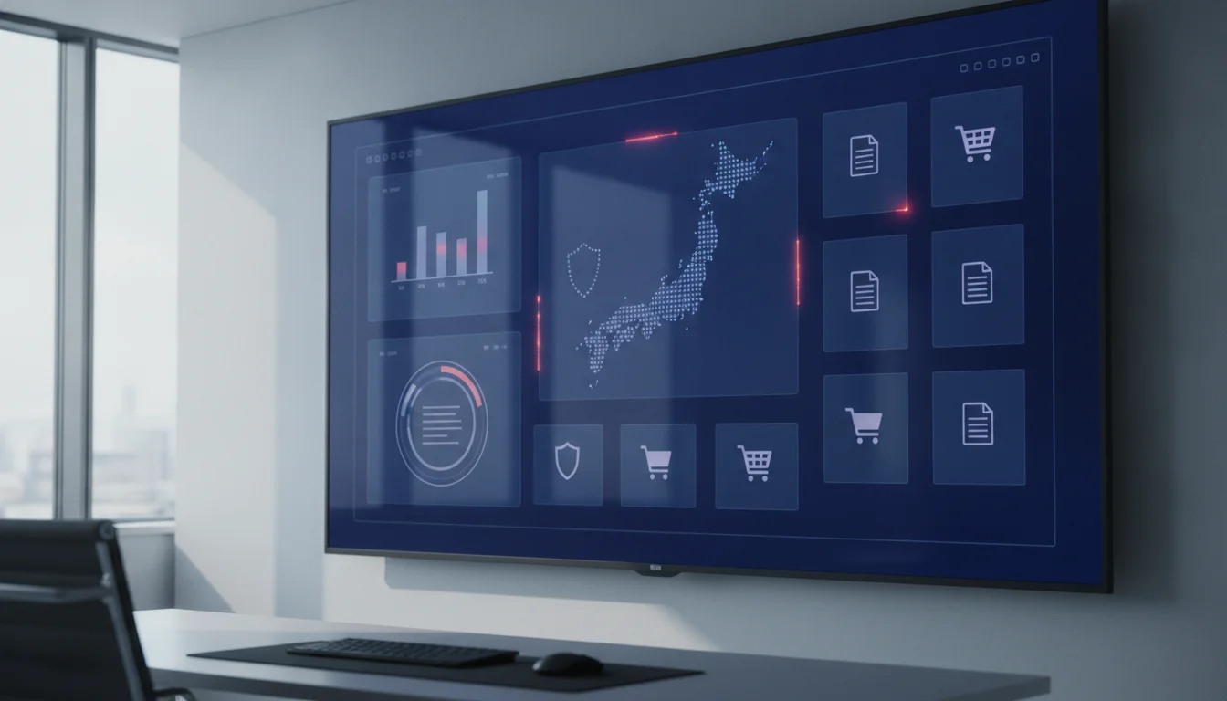 A high-tech digital dashboard displayed on a large screen in a Japanese corporate office, showing real-time safety status charts and geographical heatmaps with 98 percent response rates, no people present in the clean minimalist environment.