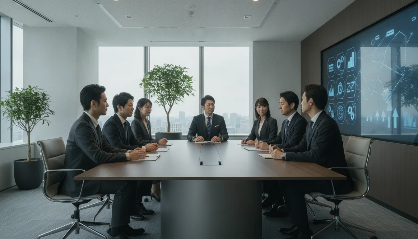 Japanese emergency management team in a modern command center, looking at digital screens showing data visualizations of employee locations and safety status, Japanese executives in professional business attire discussing strategy.