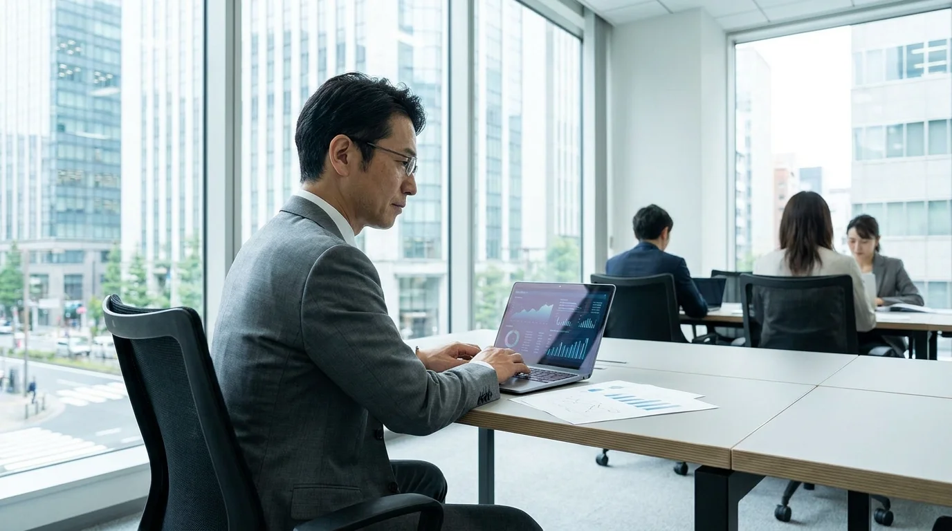 A Japanese data analyst in a sharp business suit pointing at a large monitor showing real-time growth metrics and predictive analytics charts. The setting is a bright, modern corporate office in Tokyo.