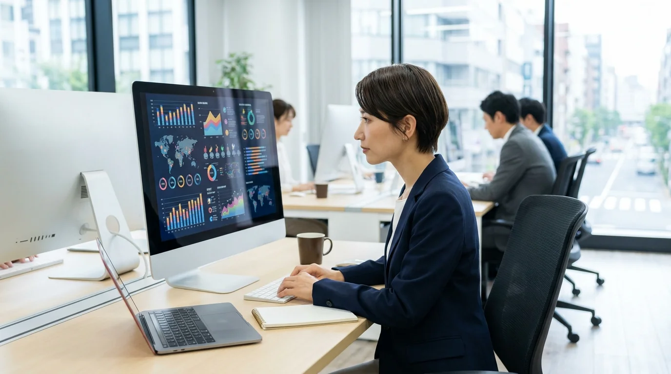 A Japanese data analyst in a modern Tokyo office examining employee health metrics on a large screen, focusing on preventive care strategies and digital transformation in human resources.