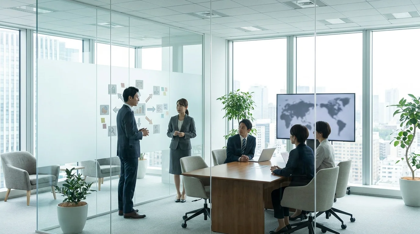 A Japanese manager having a supportive 1-on-1 meeting with a Japanese employee in a bright office, symbolizing the human touch in data-driven health management.