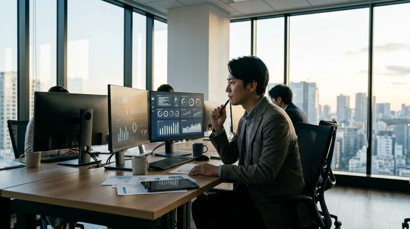 A Japanese data analyst focusing on a large monitor displaying complex data visualizations and charts in a modern office in Tokyo, illustrating the precision of AI-driven data extraction.