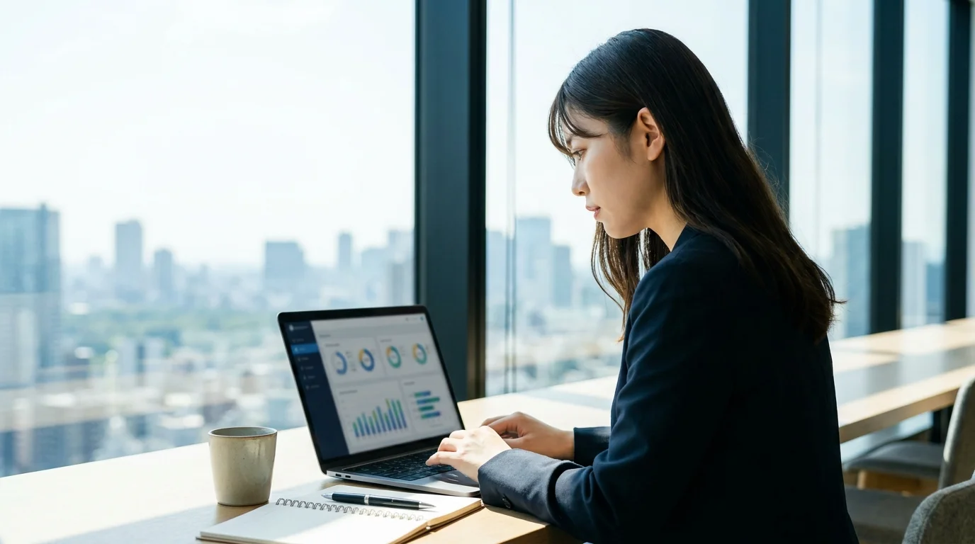 Close-up of a digital tablet held by a Japanese business professional, showing an AI-generated analysis of a client company's financial health and strategic pain points, with clear data visualizations.
