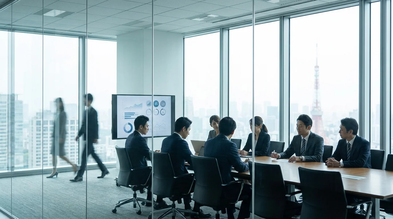 Two Japanese executives in a modern Tokyo boardroom, reviewing an AI-generated strategic proposal on a laptop, looking satisfied with the depth of the insights presented.