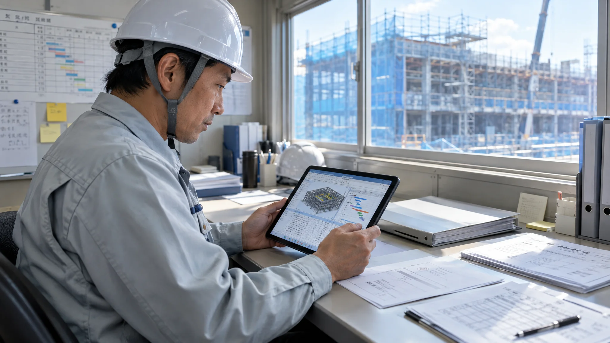 日本人の現場監督が、タブレット端末を片手に建設現場の進捗を確認している。視線は画面に集中しており、画面には3Dの工程管理図と職人の配置状況を示すアイコンが表示されている。ヘルメットを着用し、背景には整然と組まれた足場と青い防塵ネットが見える。光は自然な屋外の昼光として描写されている。