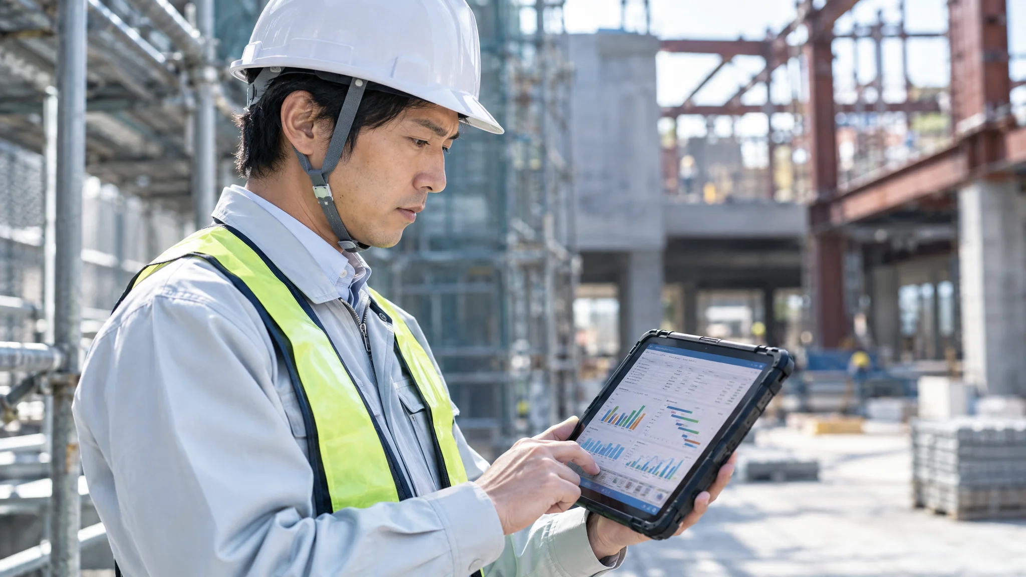 日本のオフィス。日本人のデータアナリストが、2枚の大型モニターに向かって建設需給の予測モデルを調整している。画面には折れ線グラフとヒートマップが重なり合い、日本語の変数名が並ぶコードエディタが開いている。デスクの上には和文の技術資料とコーヒーカップが置かれ、室内は落ち着いた間接照明で照らされている。