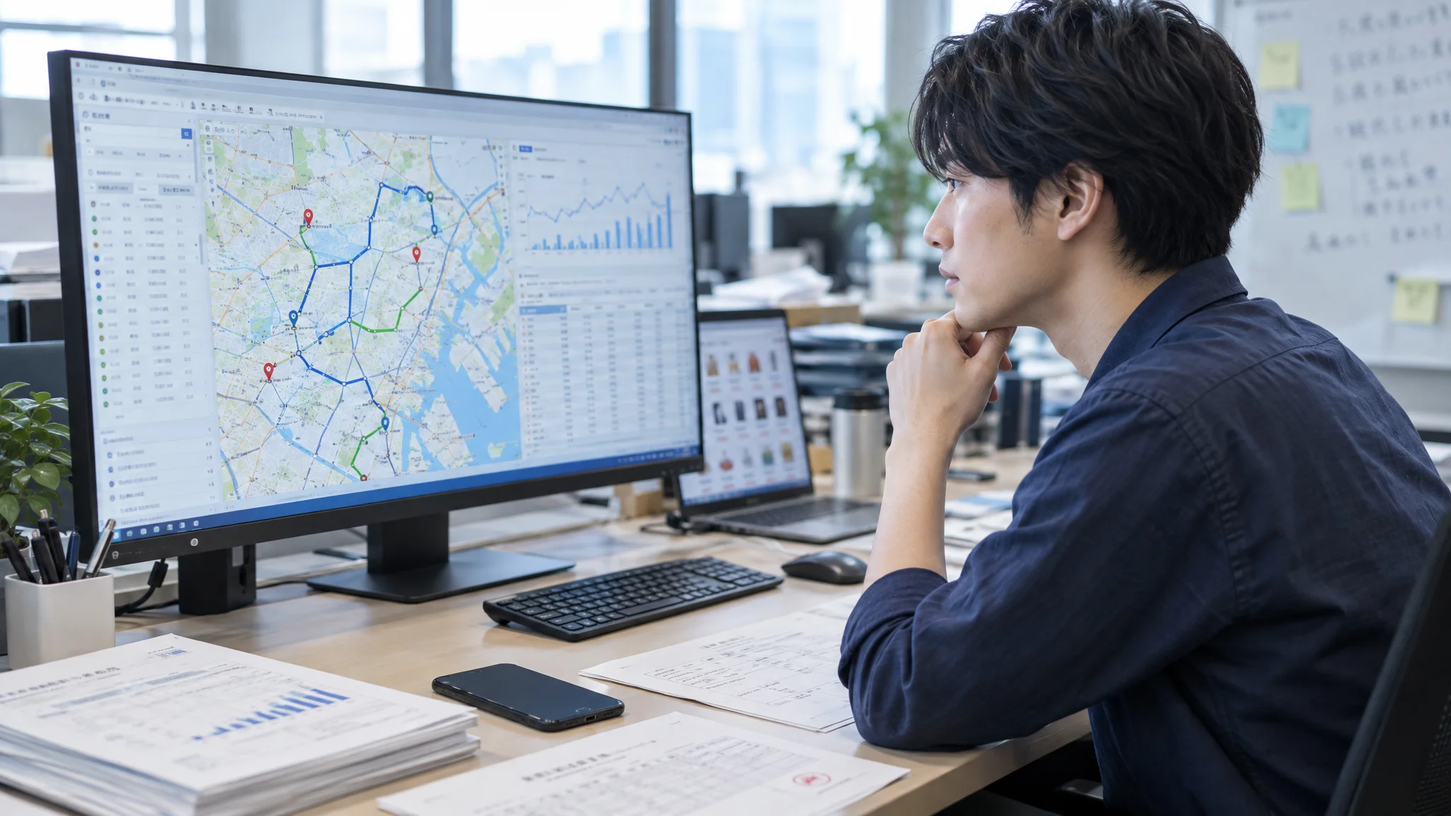 日本のオフィスで、データダッシュボードを見つめる日本人のデータアナリスト。画面には配送効率の折れ線グラフや、地域別の受電件数を示すヒートマップが日本語で表示されている。デスクの上には整理された和文の報告書と、ブランド名のないスマートフォンが置かれ、室内は落ち着いた昼光色の照明に包まれている。