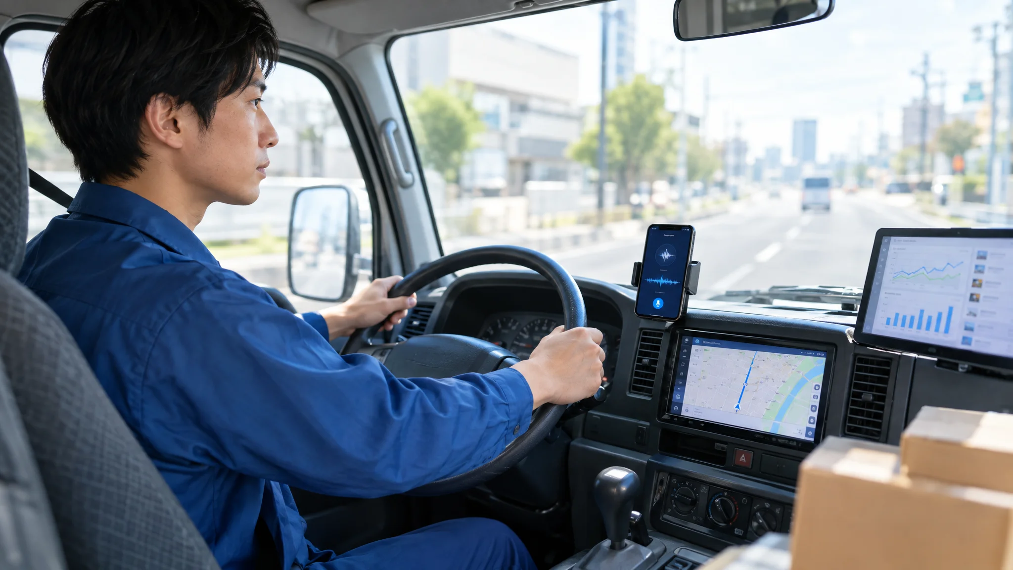 日本の物流企業の会議室。日本人の役員が、プロジェクターで投影された業務フロー図を指し示している。ホワイトボードには「AI音声連携」「配送最適化」といった日本語のキーワードが書き込まれ、手元には押印欄のある日本語の起案文書が広げられている。視線は書類に向けられ、真剣な表情で議論が進んでいる。