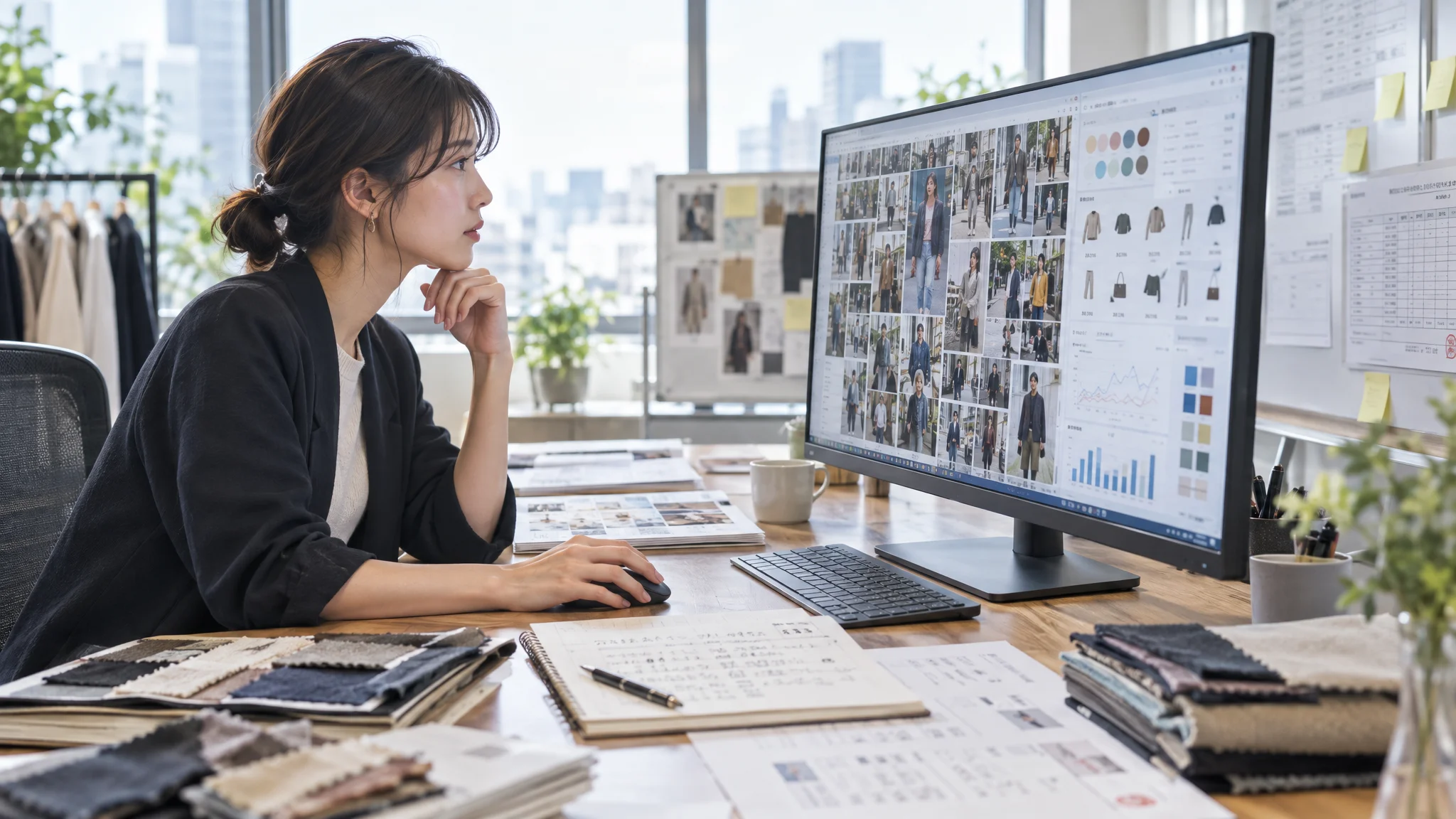 日本のデータアナリストの作業風景。大型モニターには、深層学習によって解析されたアパレル商品のヒートマップと統計グラフが表示されている。アナリストが画面の数値を確認しながら精密に操作しており、視線は分析結果に集中している。デスクの上には、日本語で記された需要予測の報告書が置かれている。