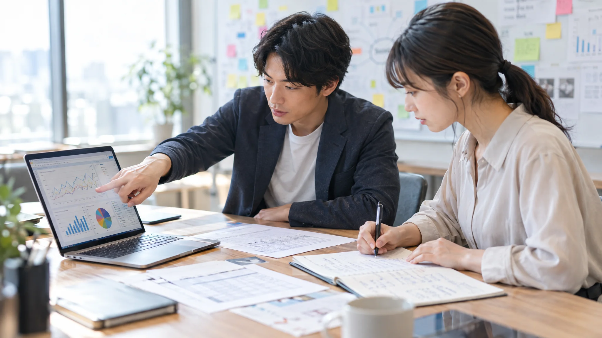 明るい会議室での打ち合わせ風景。日本人の役員と企画担当者が、壁に投影されたAIのトレンドレポートを基に議論を交わしている。彼らはタブレットを手に取り、真剣な表情で戦略を練っている。背後のホワイトボードには、日本語のロジックツリーと次期シーズンのカラーパレット案が掲示されている。