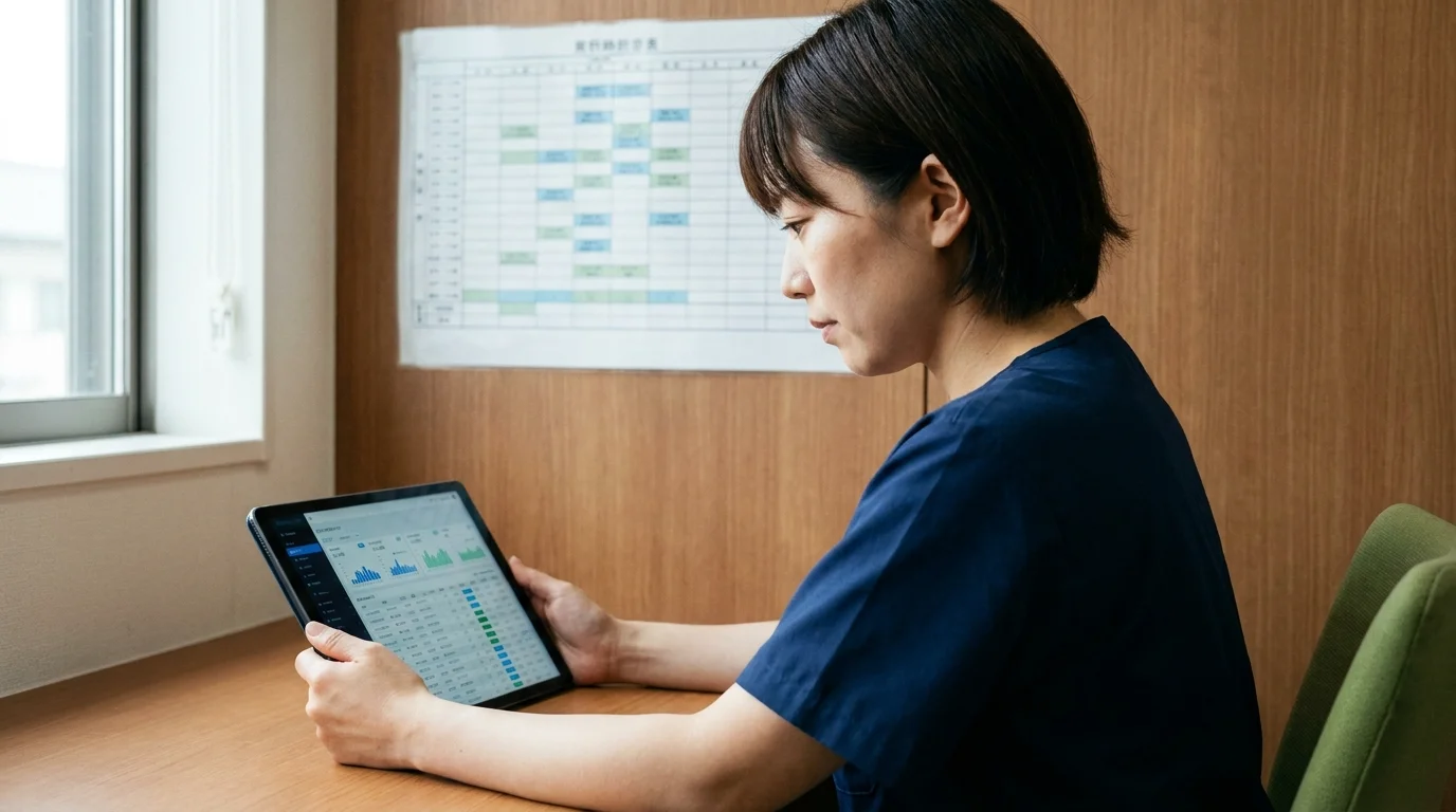 介護施設のスタッフルームで、日本人の専門家がタブレット端末を確認している。画面には複数の居室のステータスがリアルタイムでグラフ化されており、異常がないことを示す青いアイコンが並んでいる。背後の壁には、日本語で書かれた月間の勤務表が掲示されており、室内は明るく清潔な雰囲気である。