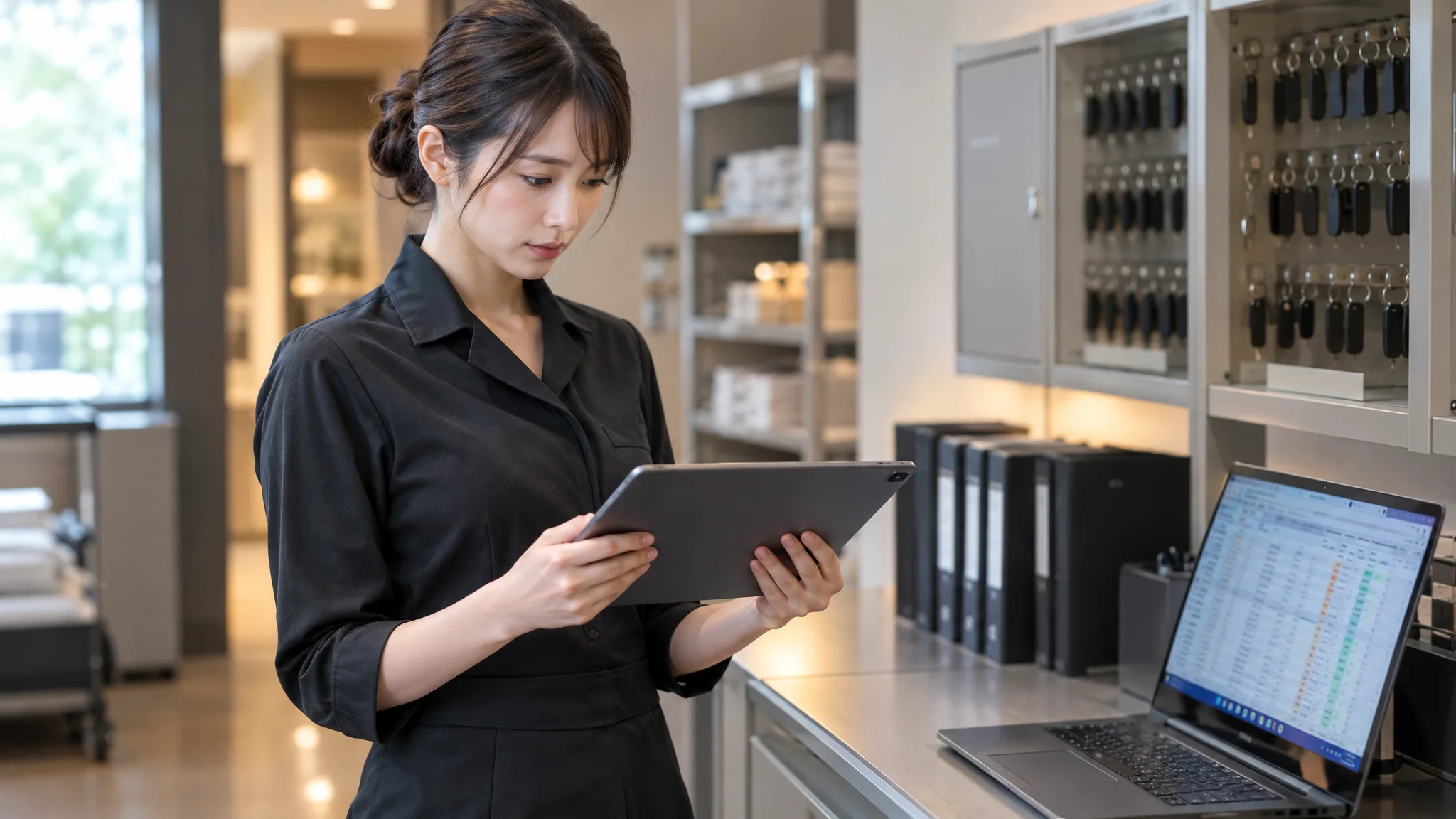 ホテルのバックヤードで、スタッフがタブレット端末を確認している。画面には多言語チャットボットの利用統計ダッシュボードが表示されており、リアルタイムで言語別の問い合わせ件数がグラフ化されている。スタッフの視線は真剣に画面の数値へ落ちており、効率化された業務の成果を分析している。