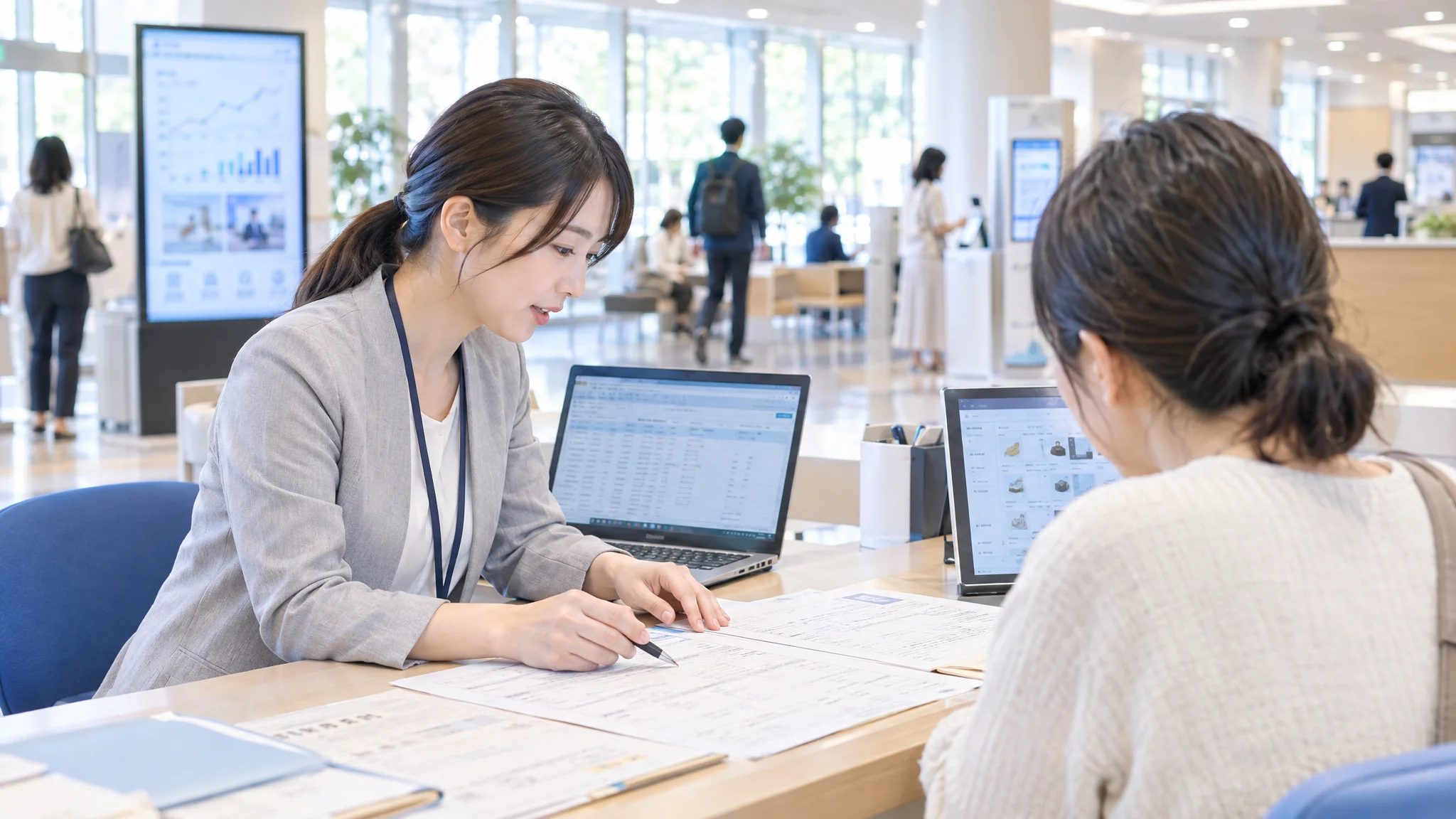 日本人のデータアナリストが、オフィスで複数のモニターに映し出された市民サービスの利用統計グラフを分析している。視線は手元のタブレット端末に落ちており、真剣な表情の横顔が写っている。画面には棒グラフやヒートマップが表示されており、日本語のラベルが付いたダッシュボードソフトウェアが稼働している。