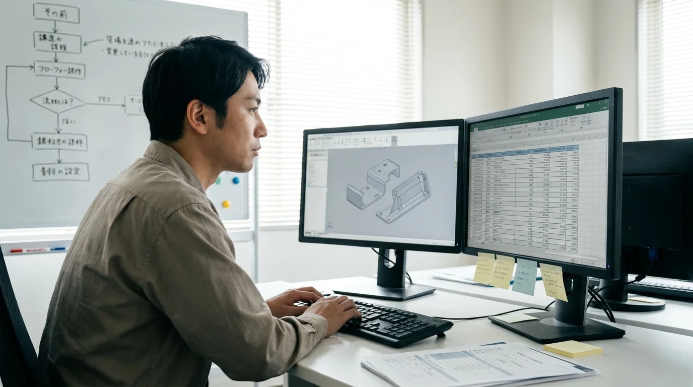 日本人のデータアナリストが、製造業向けのダッシュボード画面を注視している様子。画面には複雑な部品の3Dモデルと、それに対する過去の類似図面の一致率がパーセンテージで表示された比較表が映っている。オフィスは清潔感のあるモダンな内装で、ホワイトボードには日本語で書かれた開発フローが記されている。人物の視線は手元の資料と画面を往復し、集中した表情の横顔が見える。