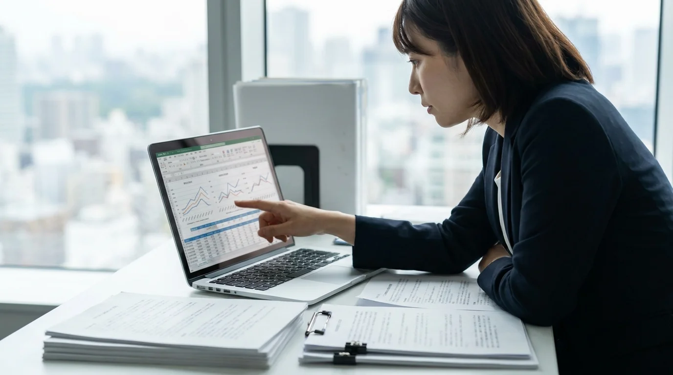 日本の近代的なオフィス。日本人の女性マネージャーが、ノートPCの画面に映し出された売上予測グラフと市場分析シートを指で指しながら、思案している。デスクの上には整理された日本語の書類が置かれている。背景の窓からは都市の景観が広がっている。