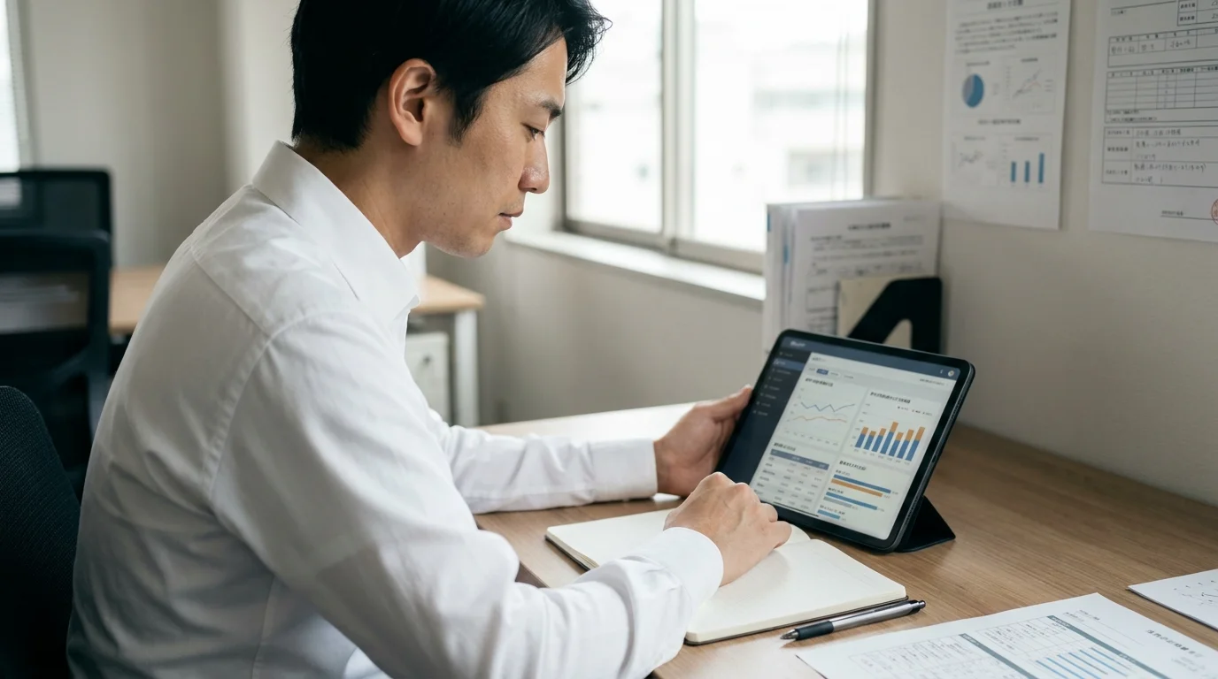 日本人のデータアナリストの男性が、タブレット端末を手に取り、分析ダッシュボードを注視している様子。画面には競合価格の変動をリアルタイムで追跡する日本語のグラフと、AIが生成した「市場の変化」に関する要約テキストが表示されている。男性は白のビジネスシャツを着用し、視線は手元の画面に集中している。背景には整然としたオフィス什器が並んでいる。