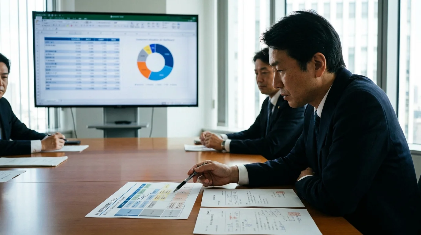 日本人の役員たちが会議室で議論しているシーン。壁面の大型モニターには、AIによって構造化された競合比較表（日本語）と、今後の投資配分を示す円グラフが映し出されている。手前のテーブルには、日本語で書かれた戦略ロードマップの資料が広げられており、出席者の一人が資料を指差しながら、視線を資料に落としている。清潔なビジネス環境。