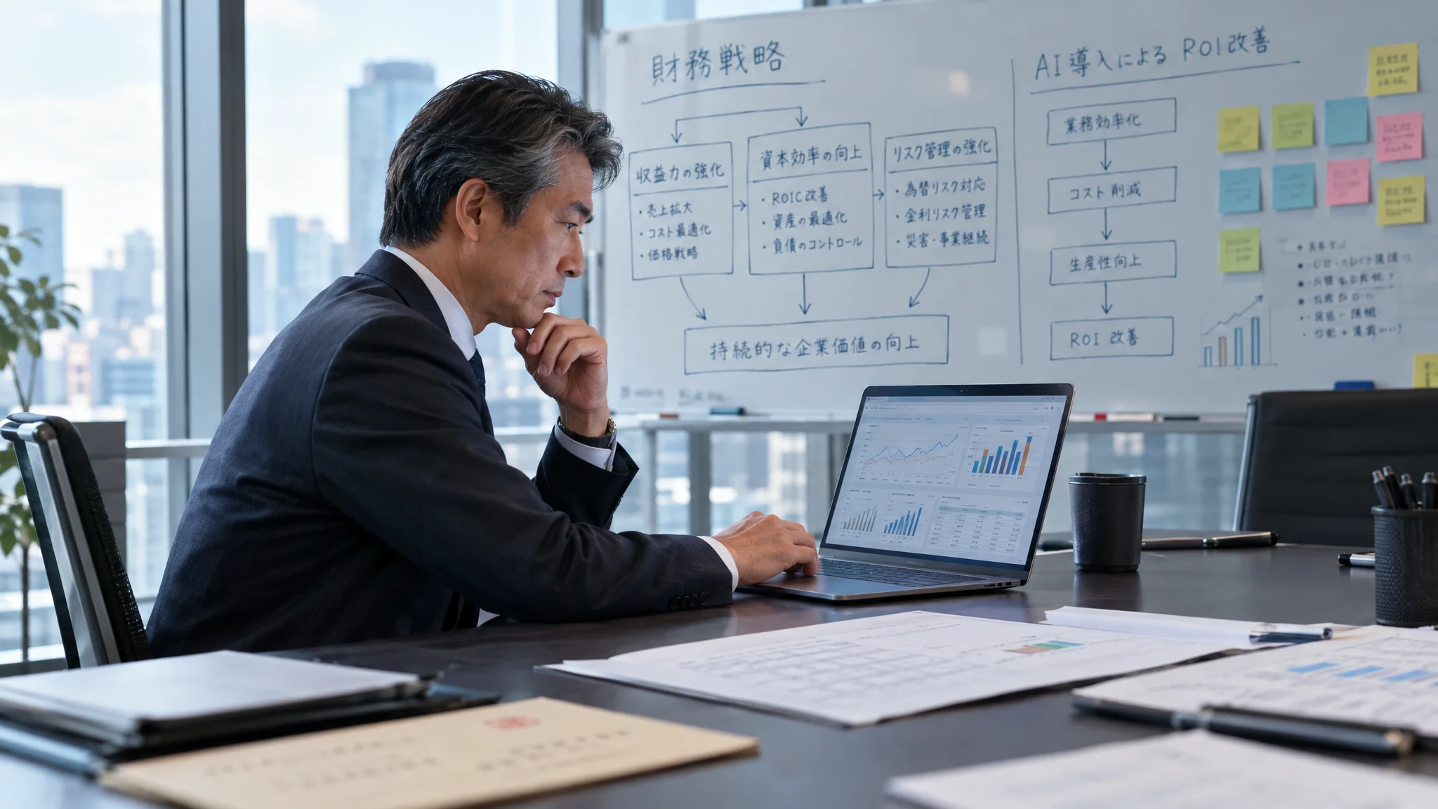 日本の近代的なオフィスビル内の会議室。壁一面のホワイトボードには、日本語で書かれた財務戦略のロジックツリーや「AI導入によるROI改善」という文字が並んでいる。手前には日本人の役員が座っており、視線は手元のノートパソコン画面に集中している。画面には予測シミュレーションの結果を示す複数のシナリオグラフが表示されている。特定の看板などが映り込まないシンプルな空間に、知的な緊張感が漂っている。