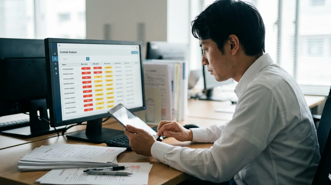 日本のオフィスの一角で、日本人のデータアナリストがデスクに座り、真剣な表情で手元のタブレットと正面のPCモニターを交互に見ている。モニターにはAIが解析した契約書の重要項目が抽出され、リスクレベルが赤や黄色のラベルで表示されている。デスクには日本語のビジネス印鑑が押された古い契約書の束が積み上げられ、デジタルとアナログが混在する作業現場の様子がリアルに描写されている。