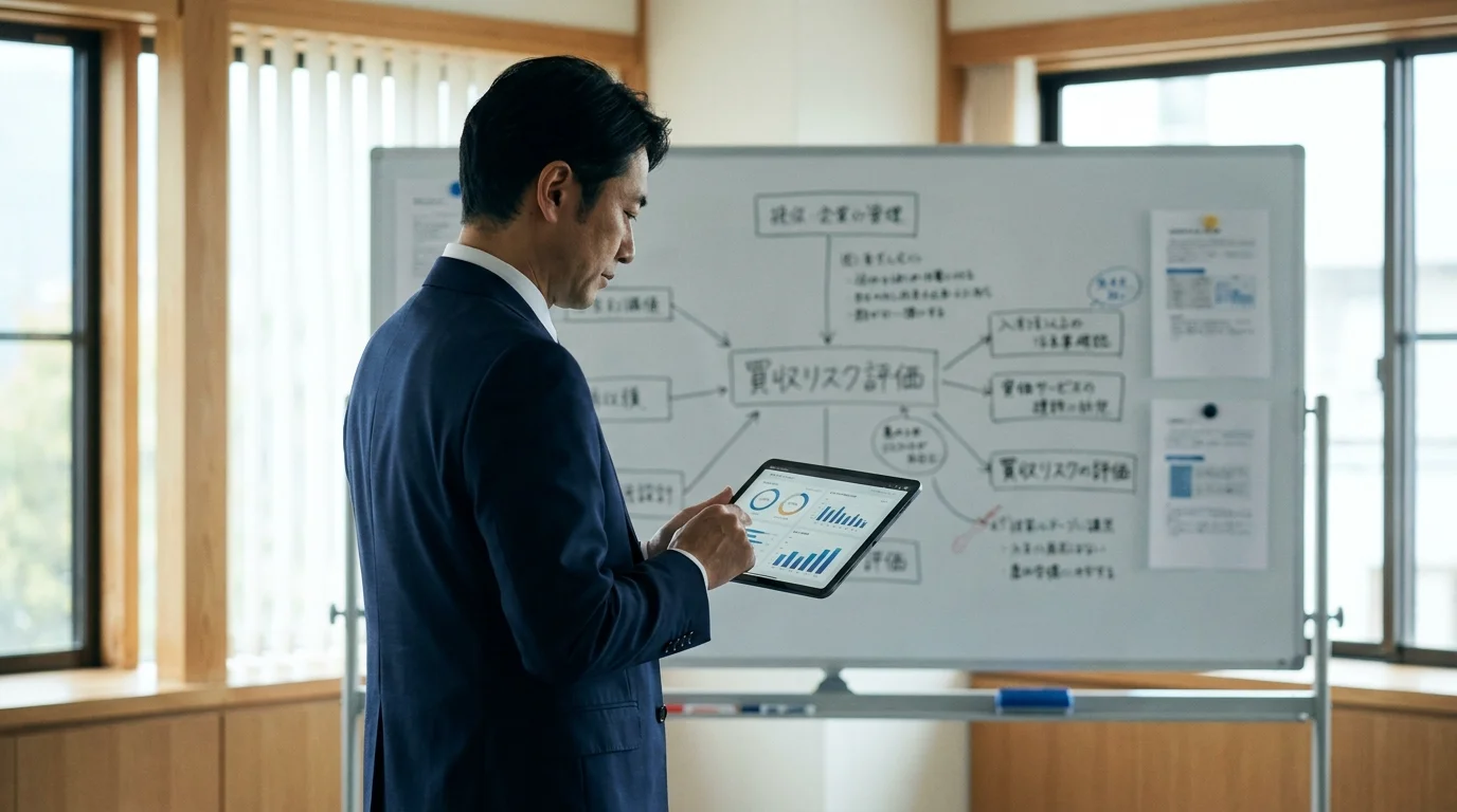 明るい会議室で、日本人の役員が資料の並んだホワイトボードの前に立っている。ホワイトボードには日本語で「買収リスク評価」と書かれ、フローチャートが描かれている。役員の視線は手元のタブレット端末に落ちており、そこにはAIが生成したリスクダッシュボードが表示されている。役員の表情は落ち着いており、データに基づいた意思決定を行おうとするプロフェッショナリズムが感じられる。