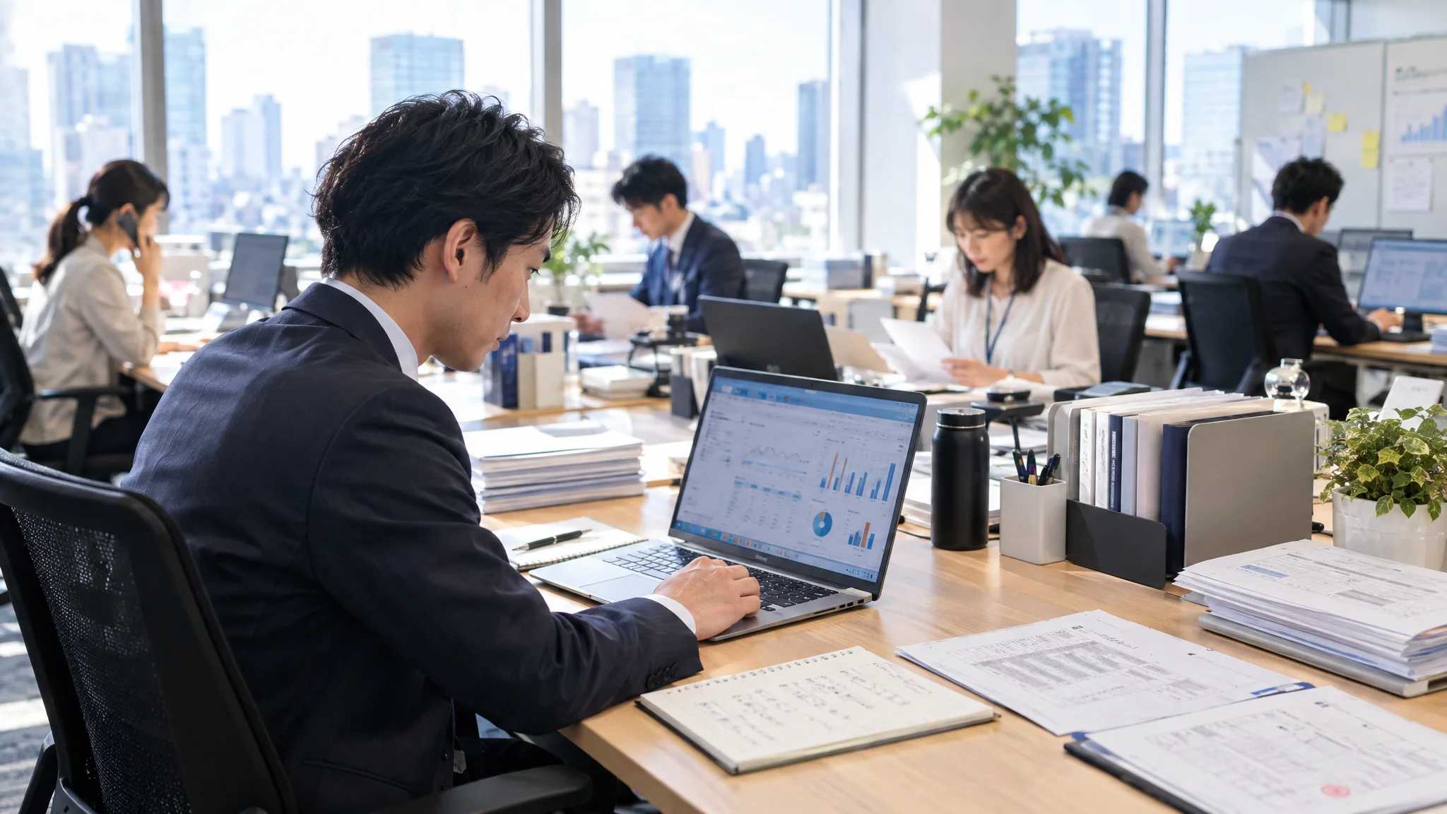 モダンな会議室で、大型モニターに映し出された営業プロセスのフロー図と数値を指し示しながら、画面に集中している日本人の役員. 視線はモニターの特定の数値に向けられており、横顔が写っている。モニターには日本語で『リード成約率改善分析』と表示されており、テーブルの上には日本語のビジネス文書が広げられている。
