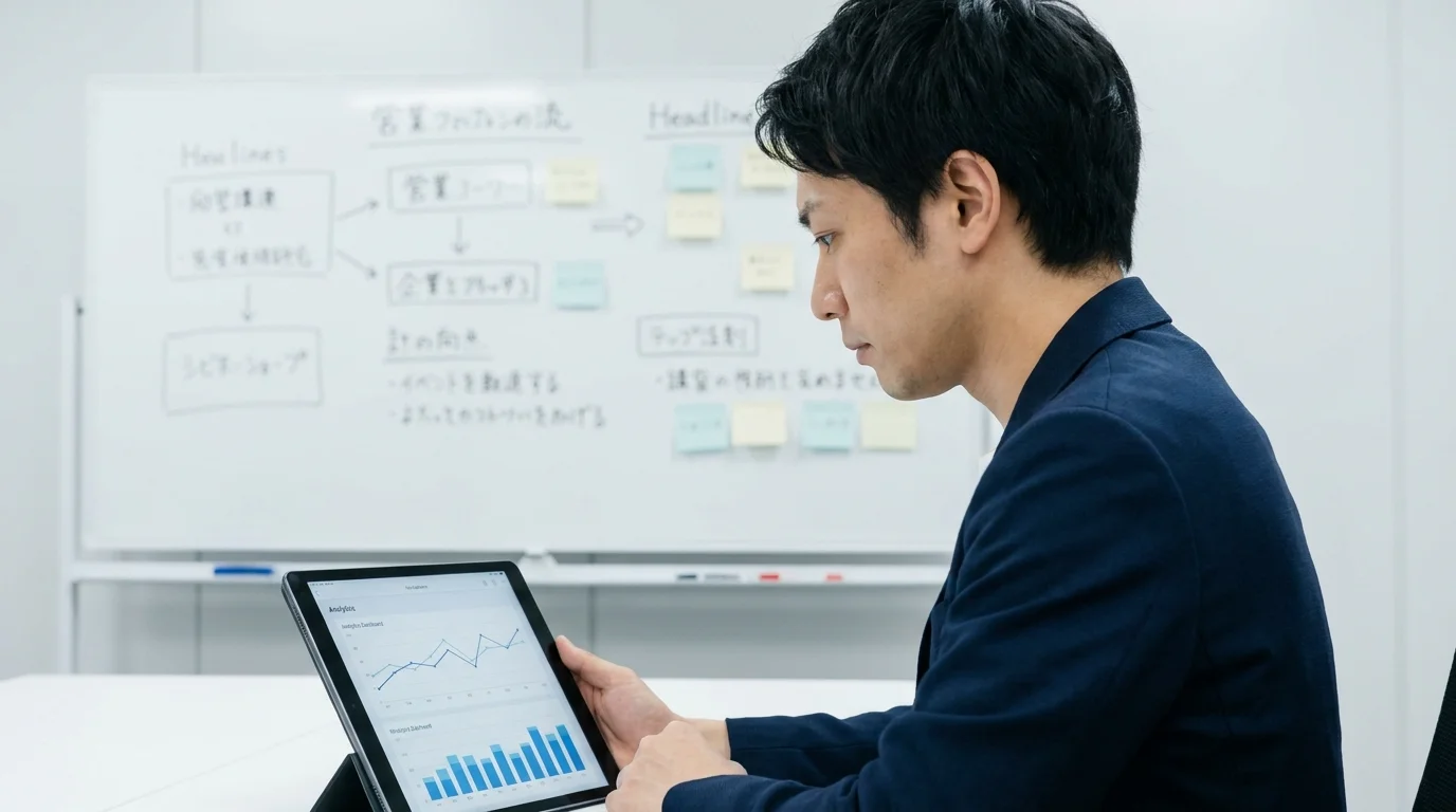 日本のオフィス内にある会議室。壁には日本語で書かれた業務フローのホワイトボードがあり、付箋がいくつか貼られている。人物は紺色のジャケットを着用し、真剣に画面上のグラフを見ている。