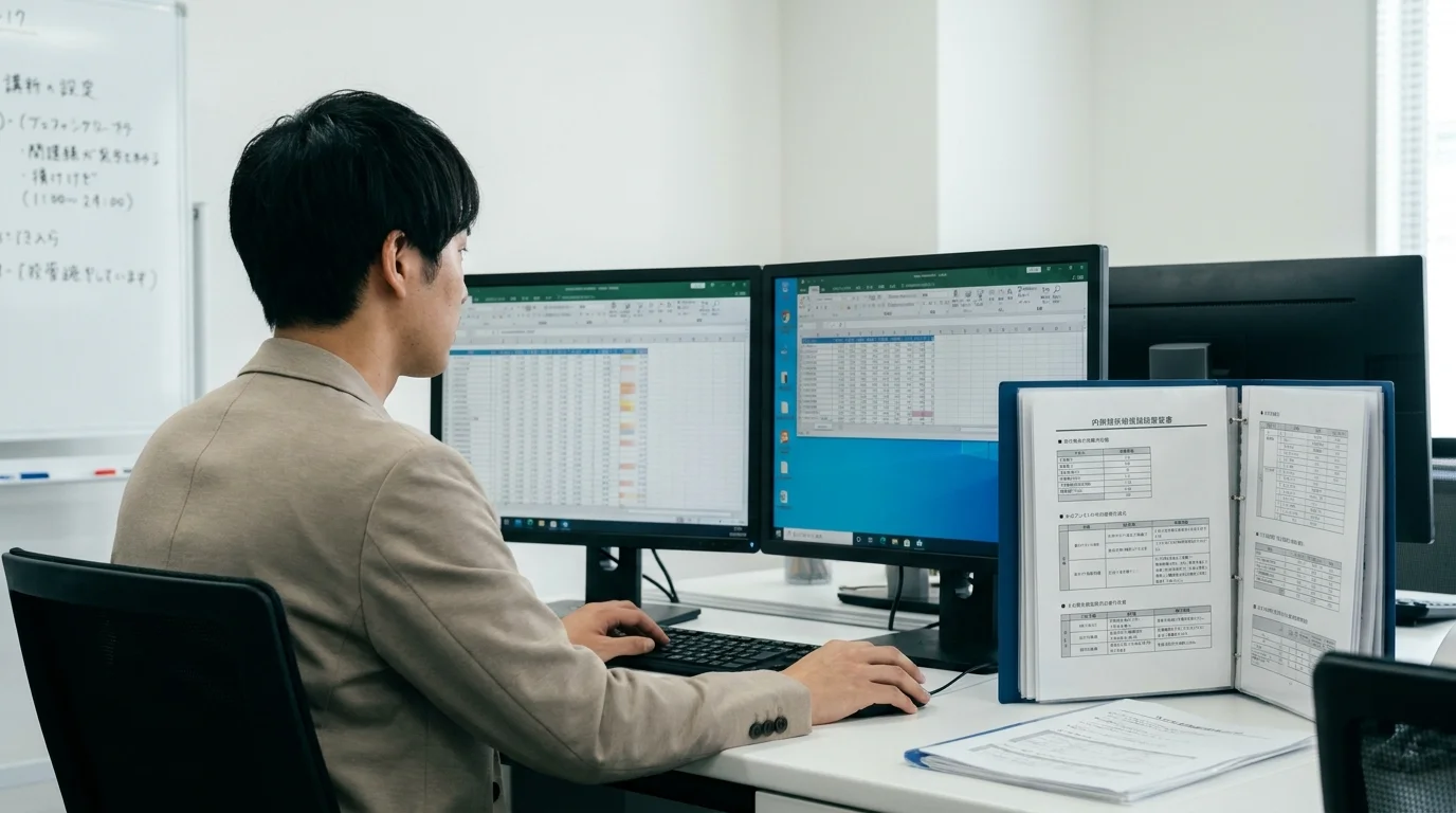 明るい都内のオフィスデスク。手前には日本語のキーボードと、複数の数値が入力された表計算ソフトが表示されたモニターがある。画面の横には、日本語で書かれた社内研修用のバインダーが開いて置かれている。
