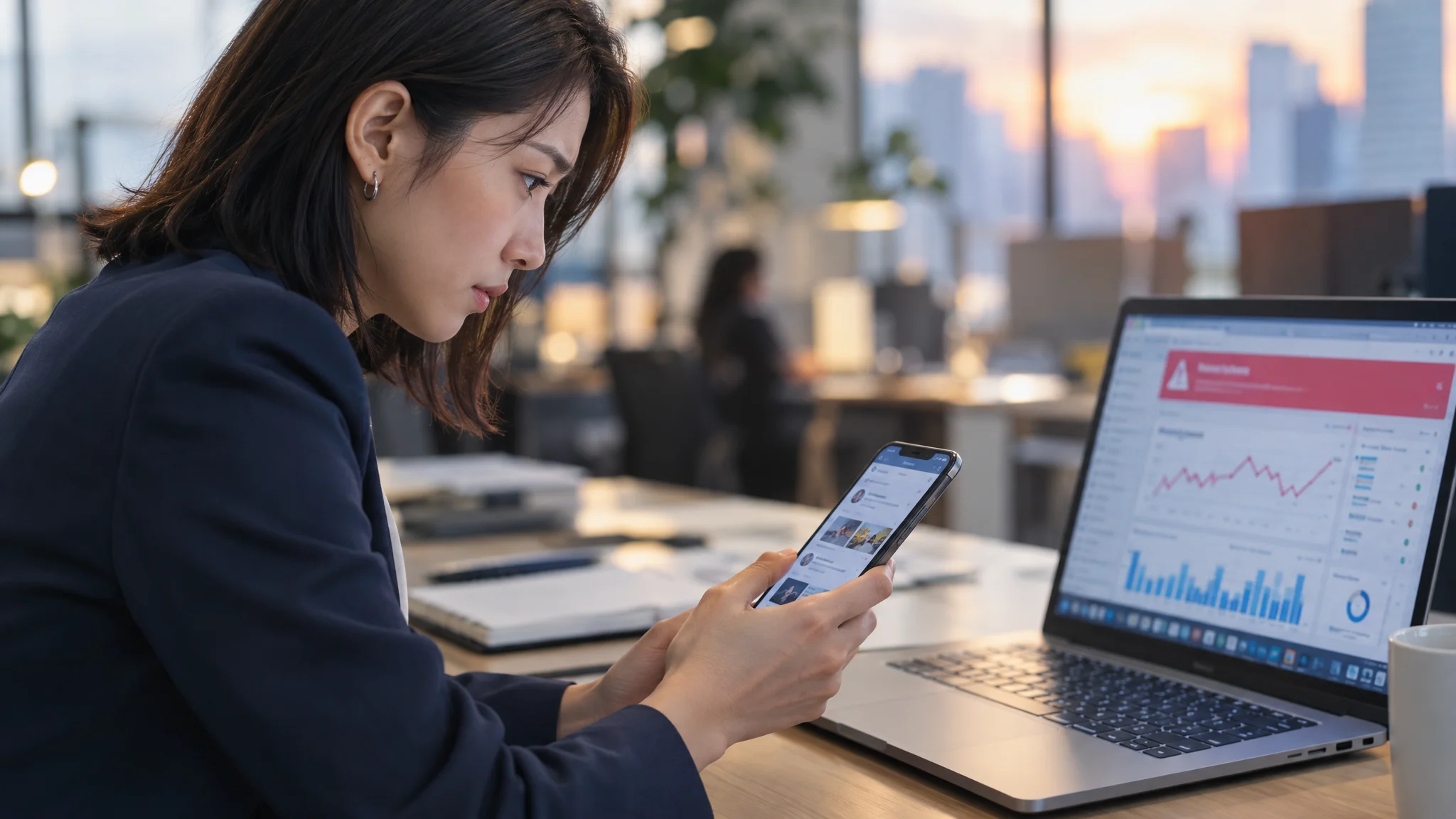 日本人のデータアナリストが、タブレット端末を手に取り、画面に表示されたソーシャルメディアのリアルタイム・マップを確認している姿。視線は手元の画面に集中しており、周囲には複数のモニターが並ぶ高度なセキュリティセンターのような環境。画面には日本語の地名と、それに関連する投稿のポジネガ比率が色分けされたヒートマップが表示されている。
