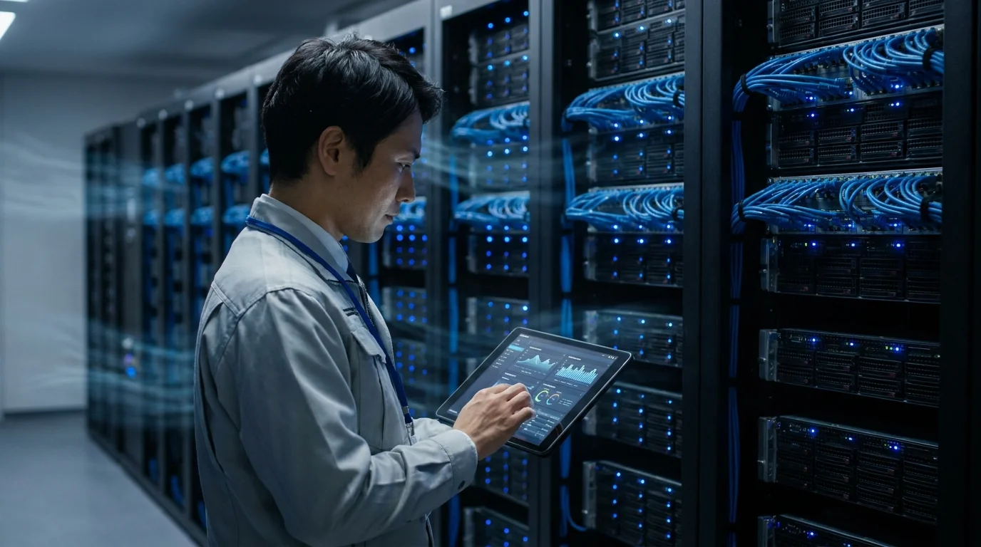 日本の企業のサーバーラックが並ぶデータセンター。整然と配線された青いLANケーブルと、稼働中を示すLEDの点滅が暗闇の中で光っている。手前にはタブレットを持った日本人のシステム管理者がおり、背中越しにネットワークのステータスを確認している様子が描かれている。メーカー名などが一切特定できない無機質なサーバー筐体が並び、高度なセキュリティ環境を感じさせる。