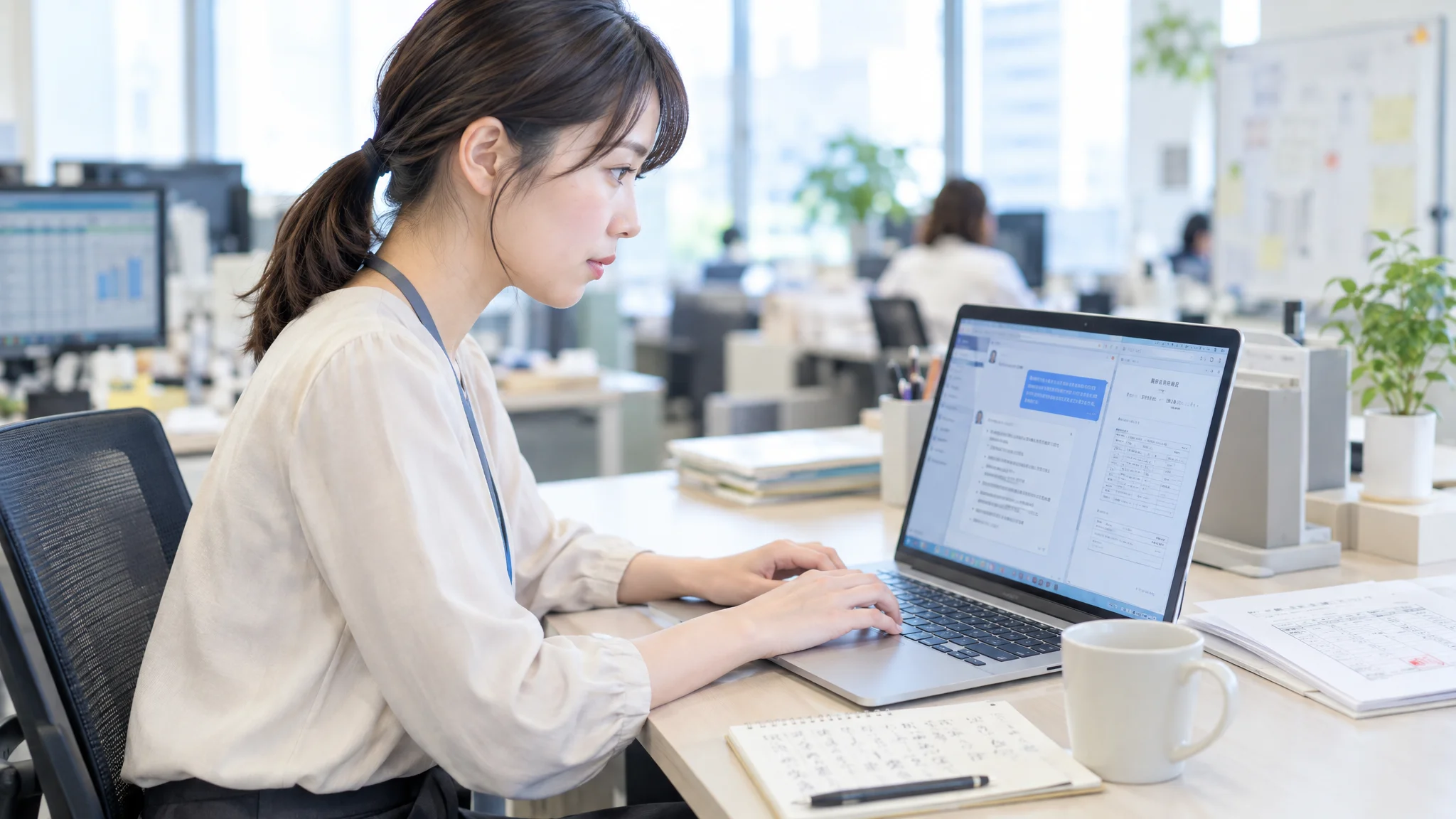 明るい会議室で、日本人の役員が大型モニターに映し出されたデータ分析結果を指し示している。モニターには売上の推移グラフとAIによる予測値が日本語で表示されている。役員の視線は数値の細部に落ちており、真剣な表情で議論を進めている。テーブルの上には日本語で書かれた事業計画書と、数台のノートパソコンが並んでいる。