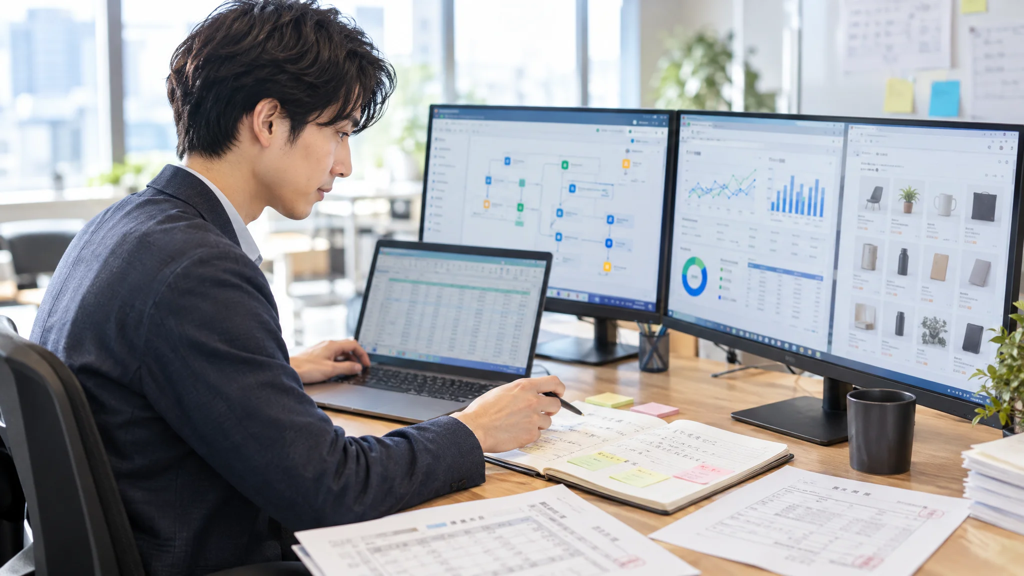 日本人のデータアナリストが、自社の売上推移が複雑に表示されたマルチモニタを前に、手元の日本語の集計資料と画面を照らし合わせている横顔。室内は落ち着いた照明で、デスクには付箋が貼られた業務マニュアルが置かれている。視線は真剣にデータの一致を確認しており、作業に没頭している様子が伝わる。