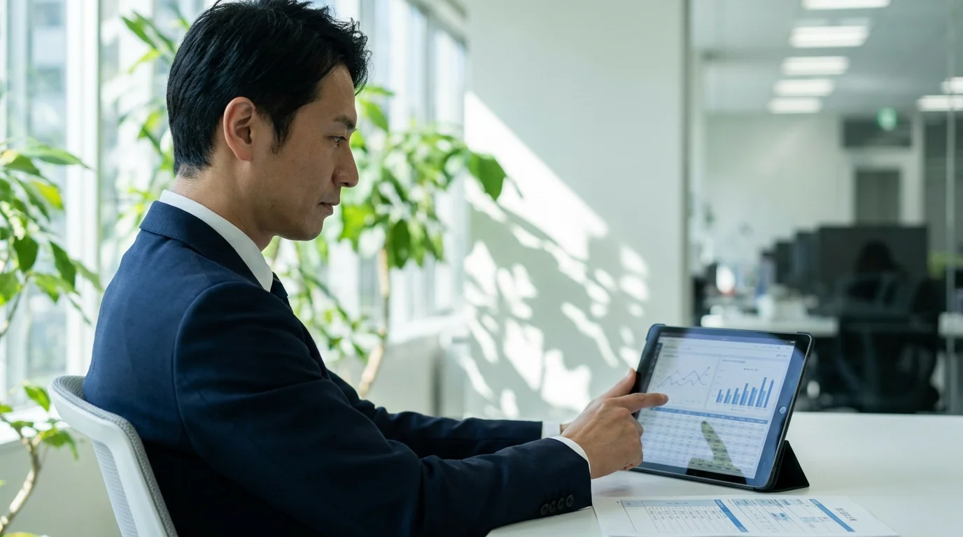 明るいオフィスの一角にあるミーティングスペース。日本人の役員が、タブレット端末に表示されたグラフを指差しながら、手元の日本語の報告書を読み込んでいる斜め45度からの姿。周囲には観葉植物があり、クリエイティブな雰囲気が漂っている。画面には複雑なビジネスダッシュボードが映し出されており、戦略的な議論の最中であることを示唆している。