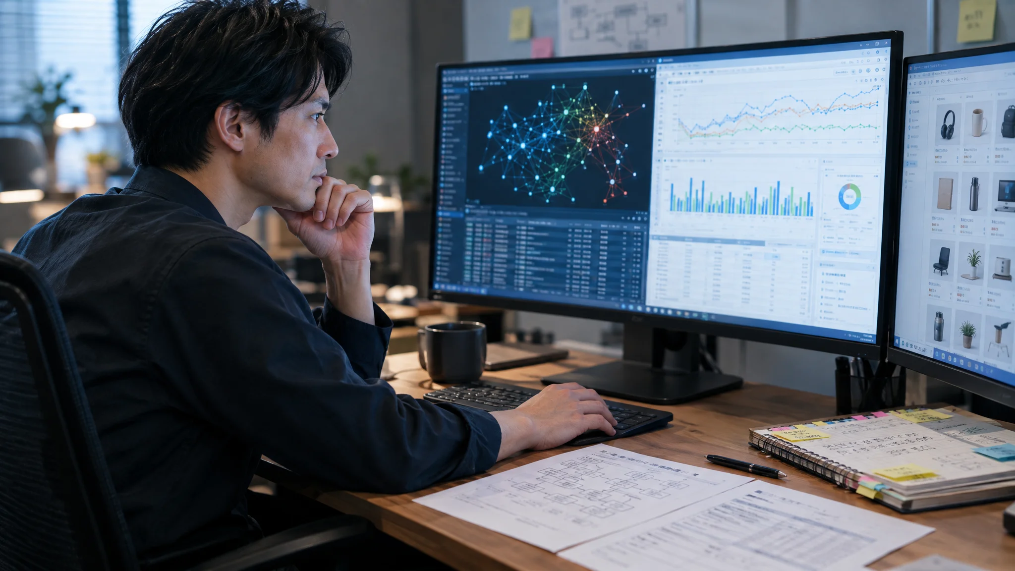 静かなオフィスの一角で、日本人のデータアナリストがモニターに映る複雑なネットワークグラフを注視している。視線は画面上のログ解析結果に落ちており、真剣な表情の横顔が見える。デスク周りには日本語で書かれたシステムフロー図と、付箋が貼られた技術資料が整理されて置かれている。照明は控えめで、画面の光が手元を白く照らしている。