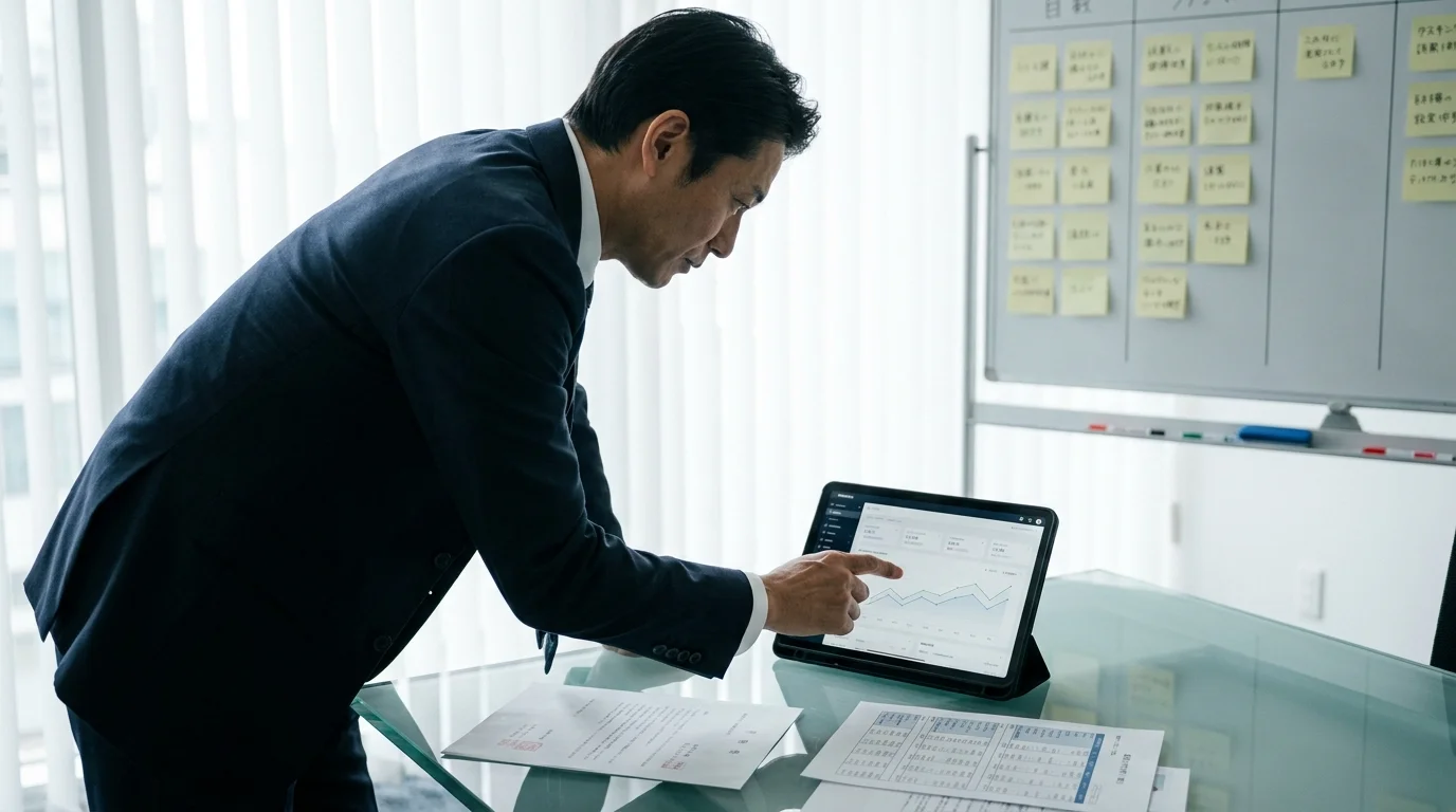 清潔感のあるモダンな会議室。壁には日本語のタスク管理表が貼られ、中央のテーブルには複数のダッシュボードが表示されたタブレットが置かれている。日本人の役員が、画面上の経営指標を指さしながら、手元の資料を確認している。視線はタブレットに落ちており、斜め45度からの姿が映っている。窓からは明るい自然光が入り、効率的なビジネス環境を感じさせる。