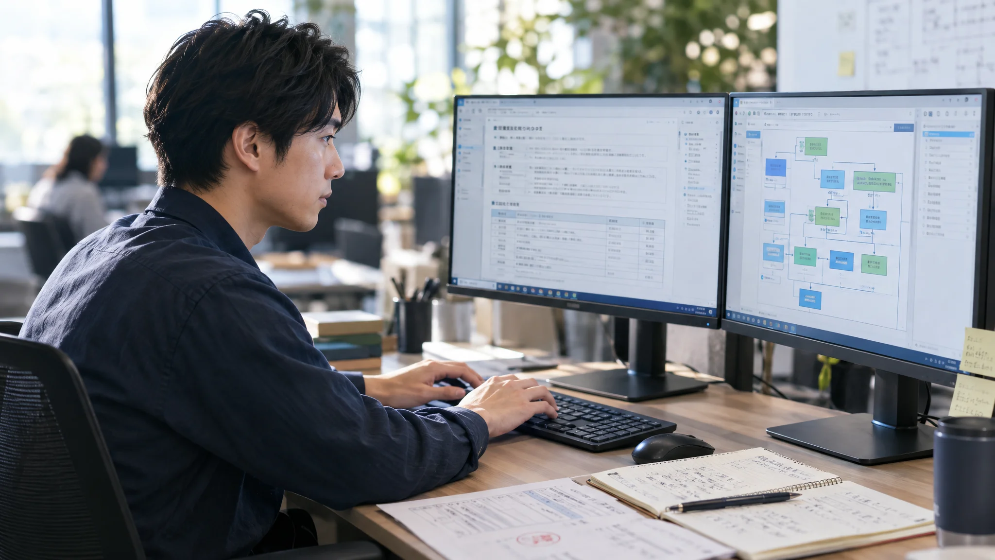 日本人のデータアナリストが、壁一面に貼られた日本語の要件定義カードを整理している。視線は手元のメモに落ちており、不必要な機能を「後回し」のエリアに移動させている。デスクの上には、ワイヤーフレームが描かれた紙と、日本語の業務フロー図が広げられている。