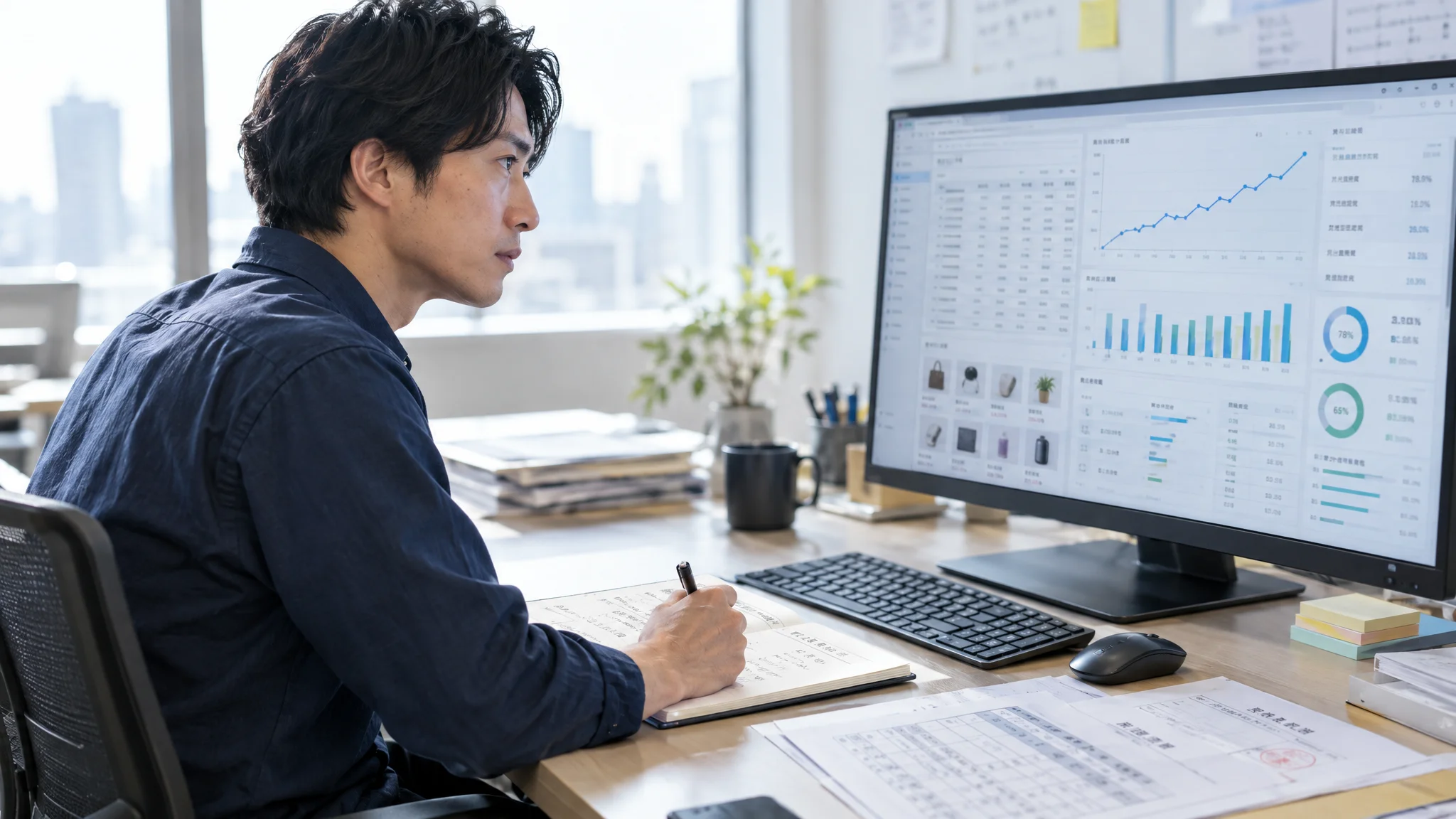 ブランド名のない大型モニターに映し出された、日本語の分析ダッシュボード。折れ線グラフが右肩上がりに推移しており、横には「ユーザー継続率」「AI回答満足度」といった日本語のラベルが並んでいる。画面の前では、日本人のプロジェクトマネージャーが斜め45度の角度から画面を注視し、数値を記録している。