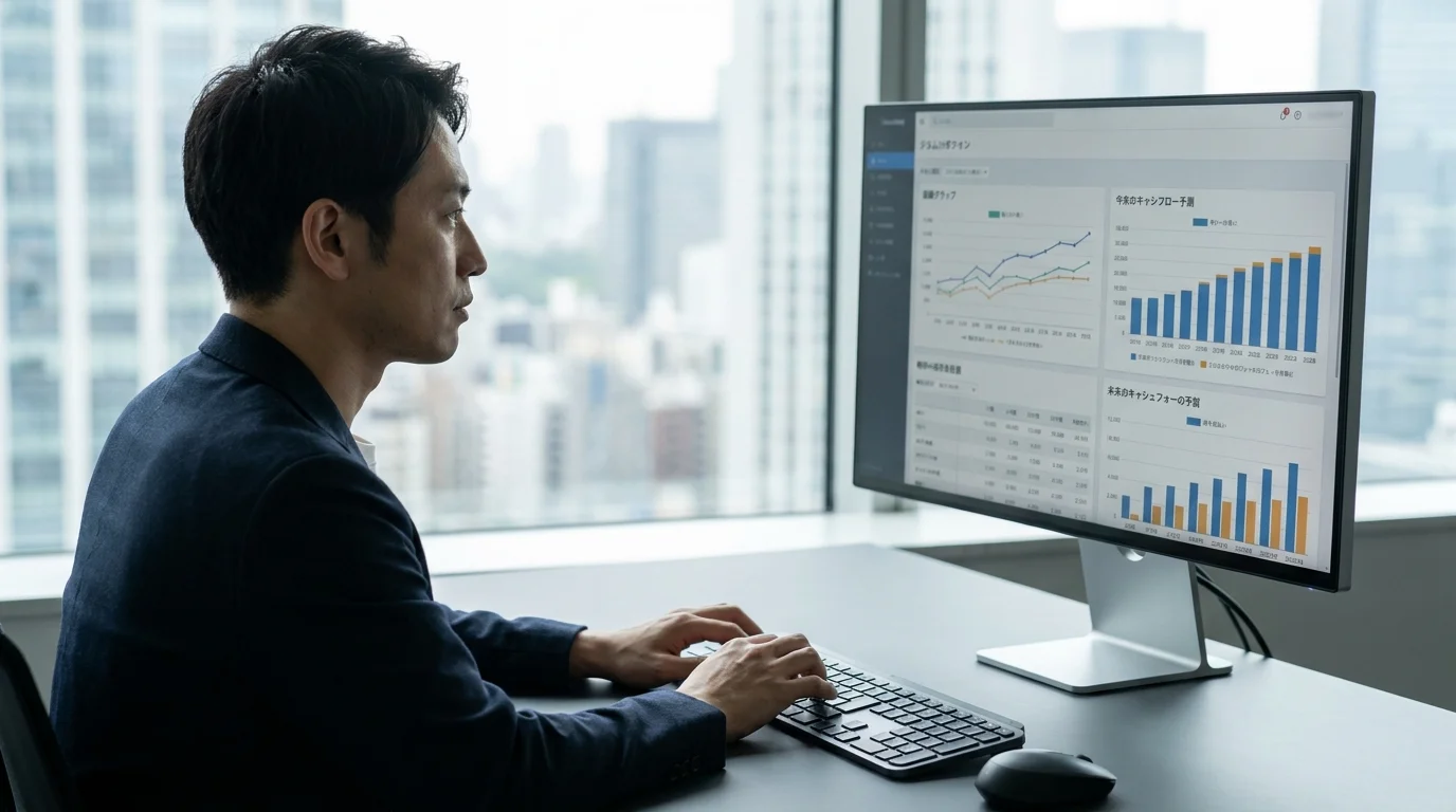 日本人のデータアナリストが、整然としたオフィスで大型モニターに向き合っている。モニターには複雑なデータメッシュと、AIが生成した将来のキャッシュフロー予測のシミュレーション画面が映し出されている。画面上の文字は日本語で、項目には「予測収益」「リスク評価」などのラベルが見える。人物は真剣な表情で画面を注視し、手元のキーボードで数値を微調整している。清潔感のあるビジネス環境。