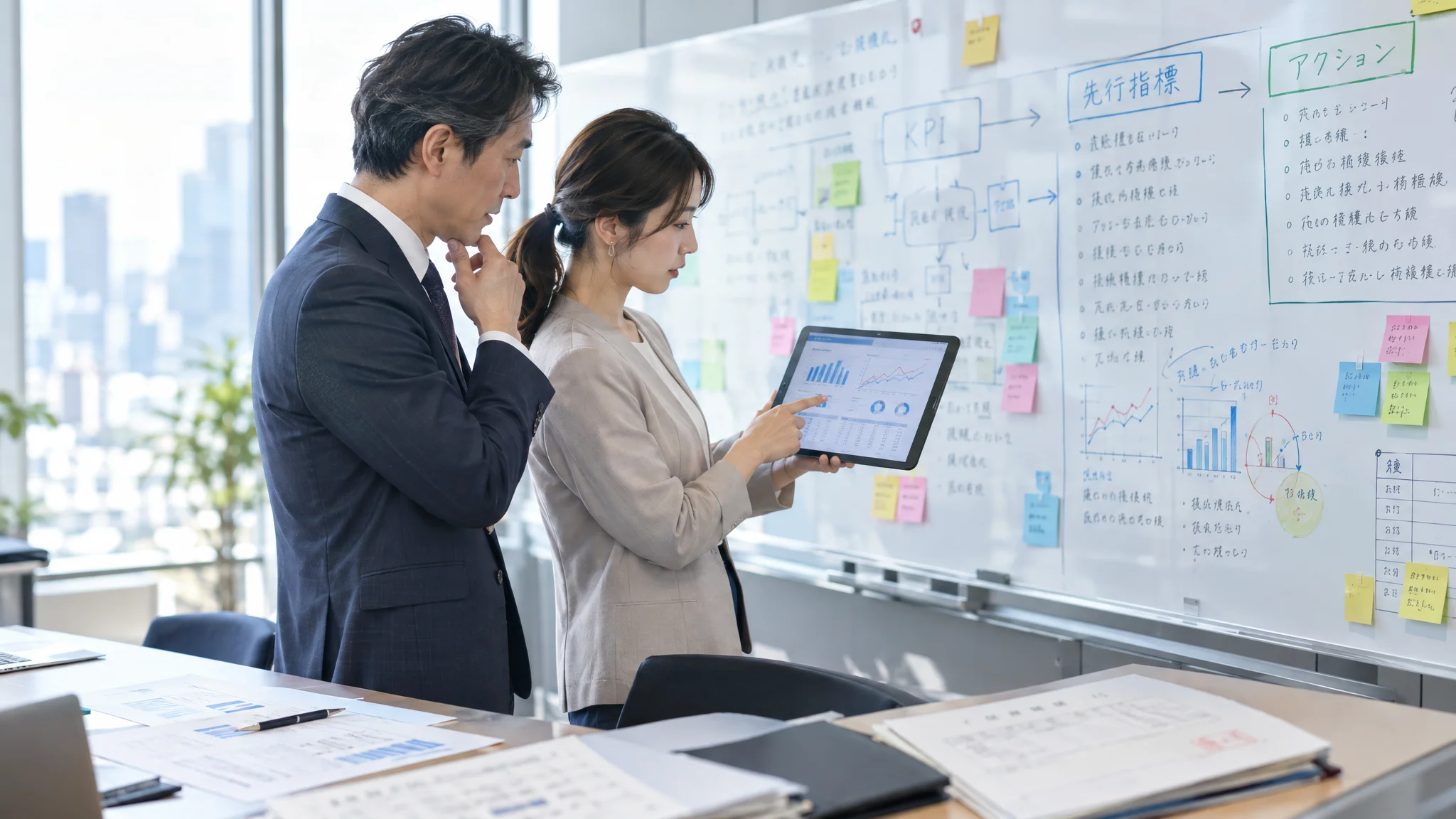 日本人の役員とマネージャーが、壁一面のホワイトボードの前に立ち、手元のタブレット端末に表示されたBIダッシュボードとホワイトボード上の日本語の戦略図を照らし合わせている。ホワイトボードには「KPI」「先行指標」「アクション」といった文字が日本語で書き込まれている。二人の視線はタブレットの画面に落ちており、具体的な改善策を議論している。背景には洗練されたモダンな日本のオフィス空間が広がっている。
