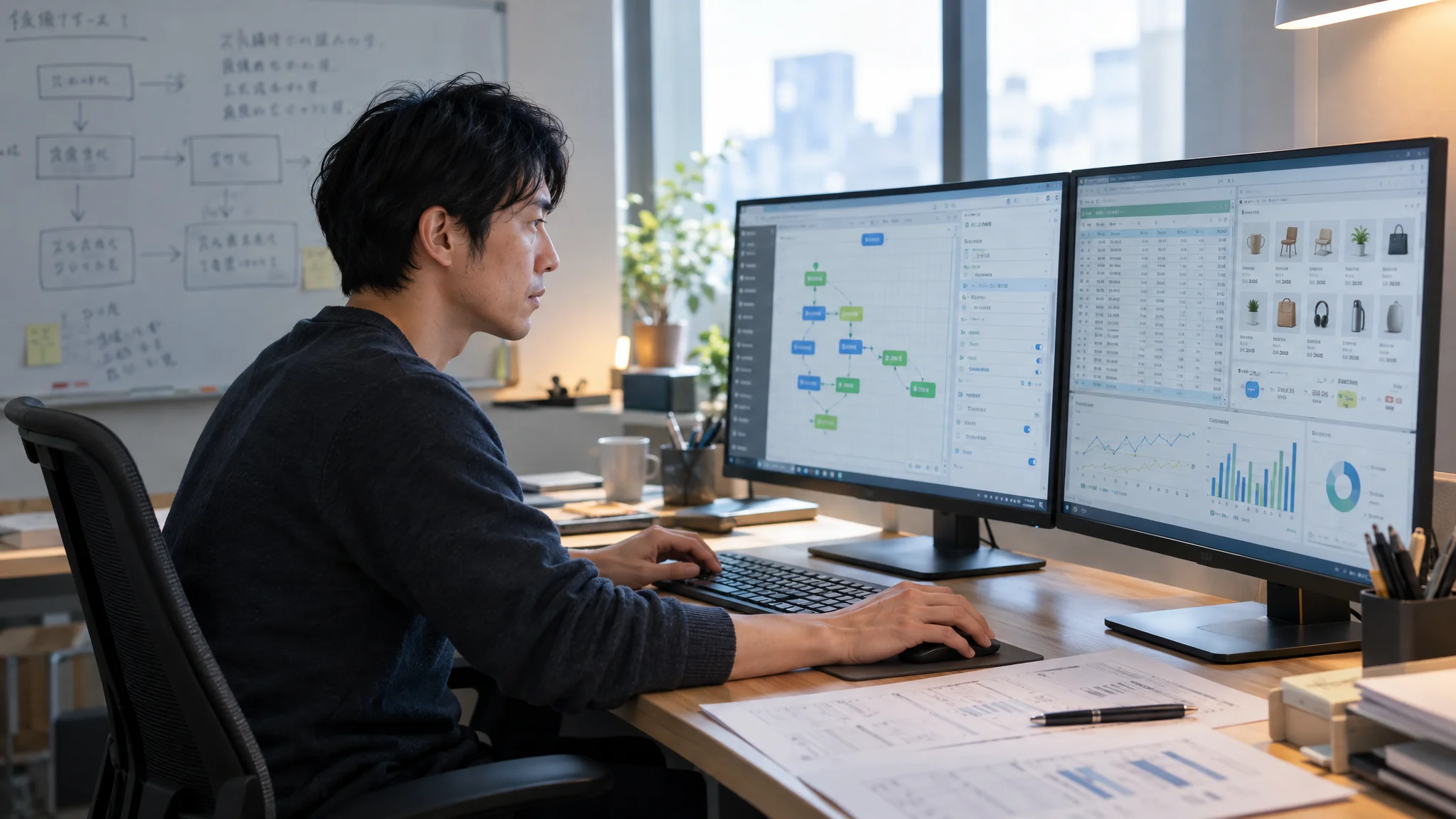 日本人のシステムエンジニアが、静かなオフィスでデュアルモニターに向かい、ローコードツールの管理画面を操作している。画面にはフローチャート形式の開発インターフェースと、日本語のプロパティ設定項目が並んでいる。彼の視線は真剣に手元のキーボードと画面に落ちており、横顔からは集中している様子が伺える。背景のホワイトボードには、日本語で書かれた業務フローのメモが薄く残っている。