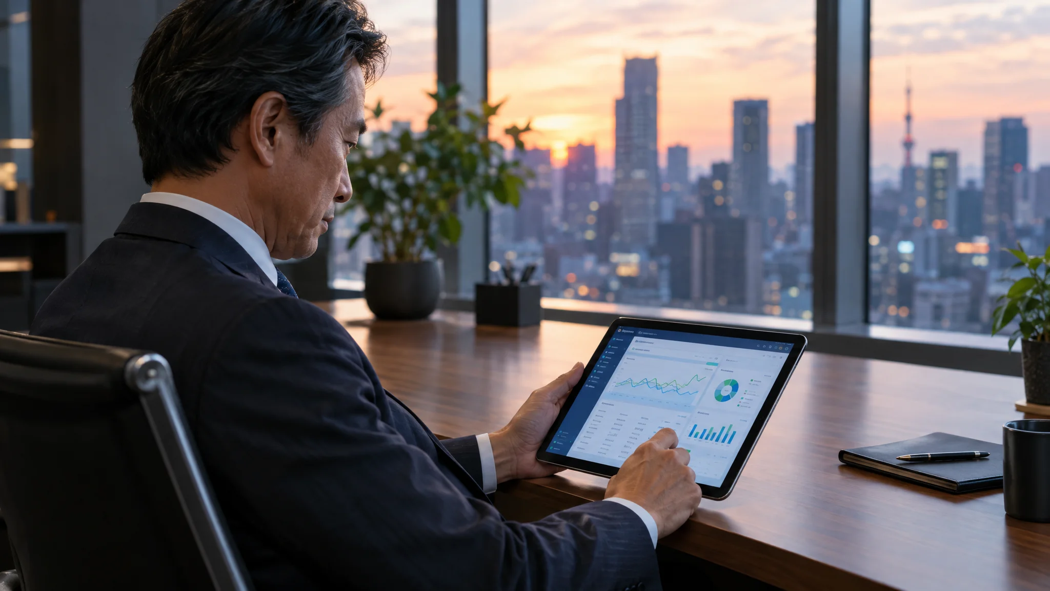 日本人の役員が、タブレット端末に表示されたシステム稼働状況のダッシュボードを確認している。画面には日本語で『リアルタイム統合監視』と表示され、複数の折れ線グラフや円グラフが整然と並んでいる。役員の視線は手元の画面に落ちており、周囲には清潔なオフィス家具と観葉植物が配置されている。窓の外には東京の都会的なビル群が広がり、夕方の柔らかな光が室内を照らしている。