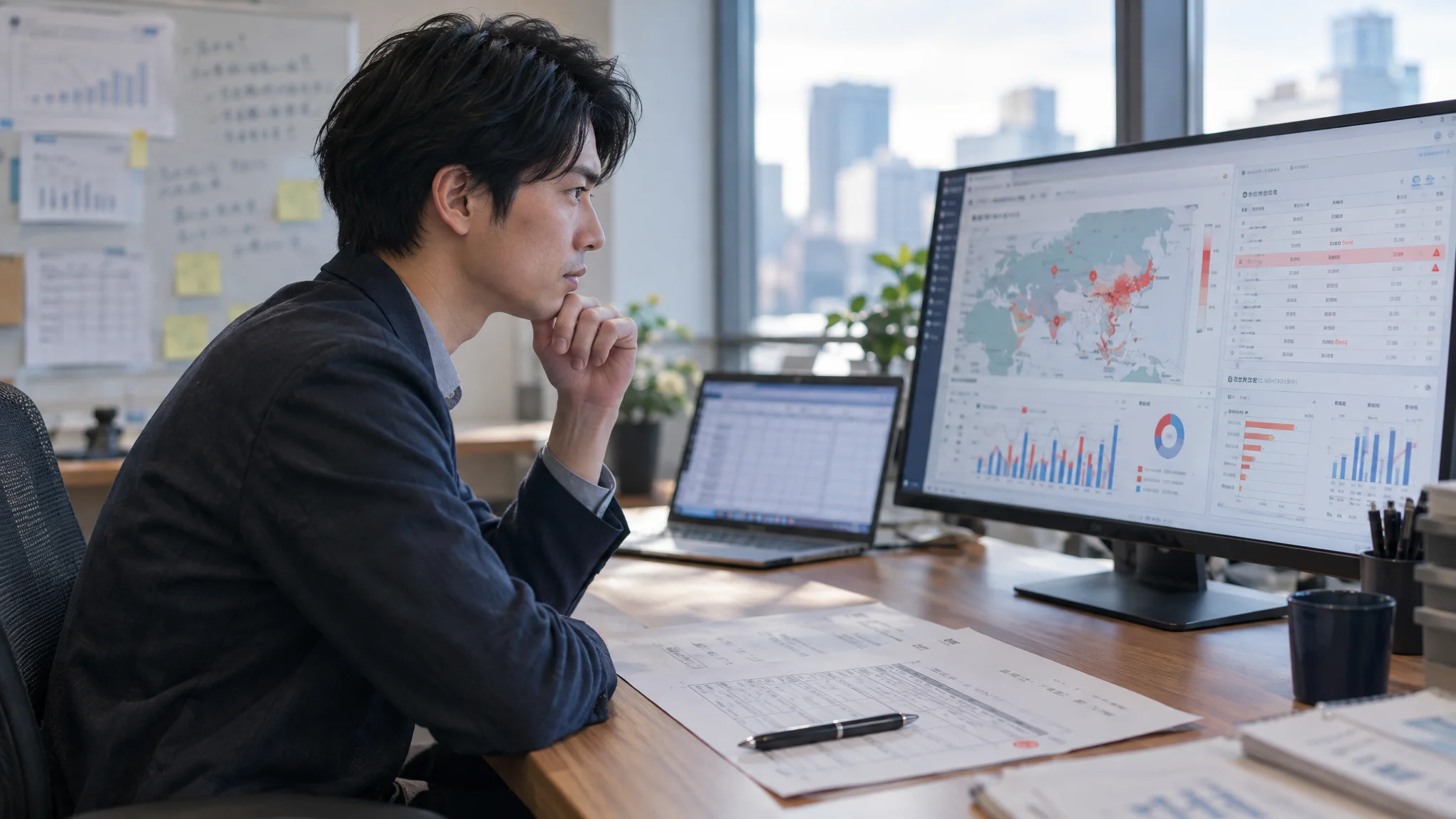 日本人のデータアナリストが、斜め45度の角度で集中してモニターを見つめている。画面にはAIが自動的に算定したサプライチェーンの排出量マップが日本語で表示され、特定のカテゴリが赤く強調されている。手元には日本語の社内決裁書類が置かれ、分析結果を元に次のアクションを検討している様子。