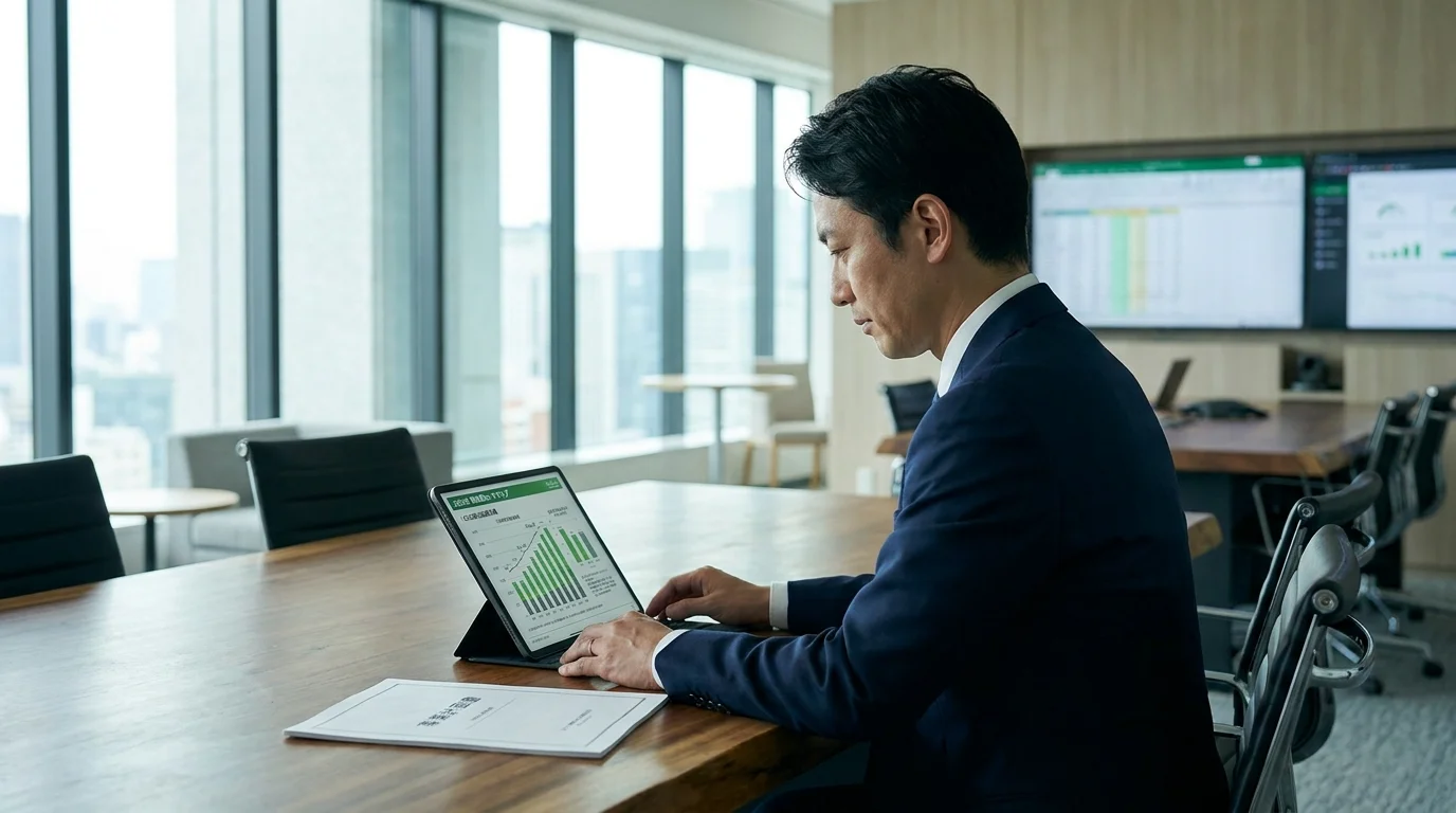 静かな会議室で、日本人の役員が手元のタブレット端末を操作している。画面には企業の脱炭素ロードマップと、2030年に向けた排出量削減目標の達成率が日本語のグラフで示されている。視線はしっかりと画面に落ちており、次期の設備投資計画に向けたデータを確認している。