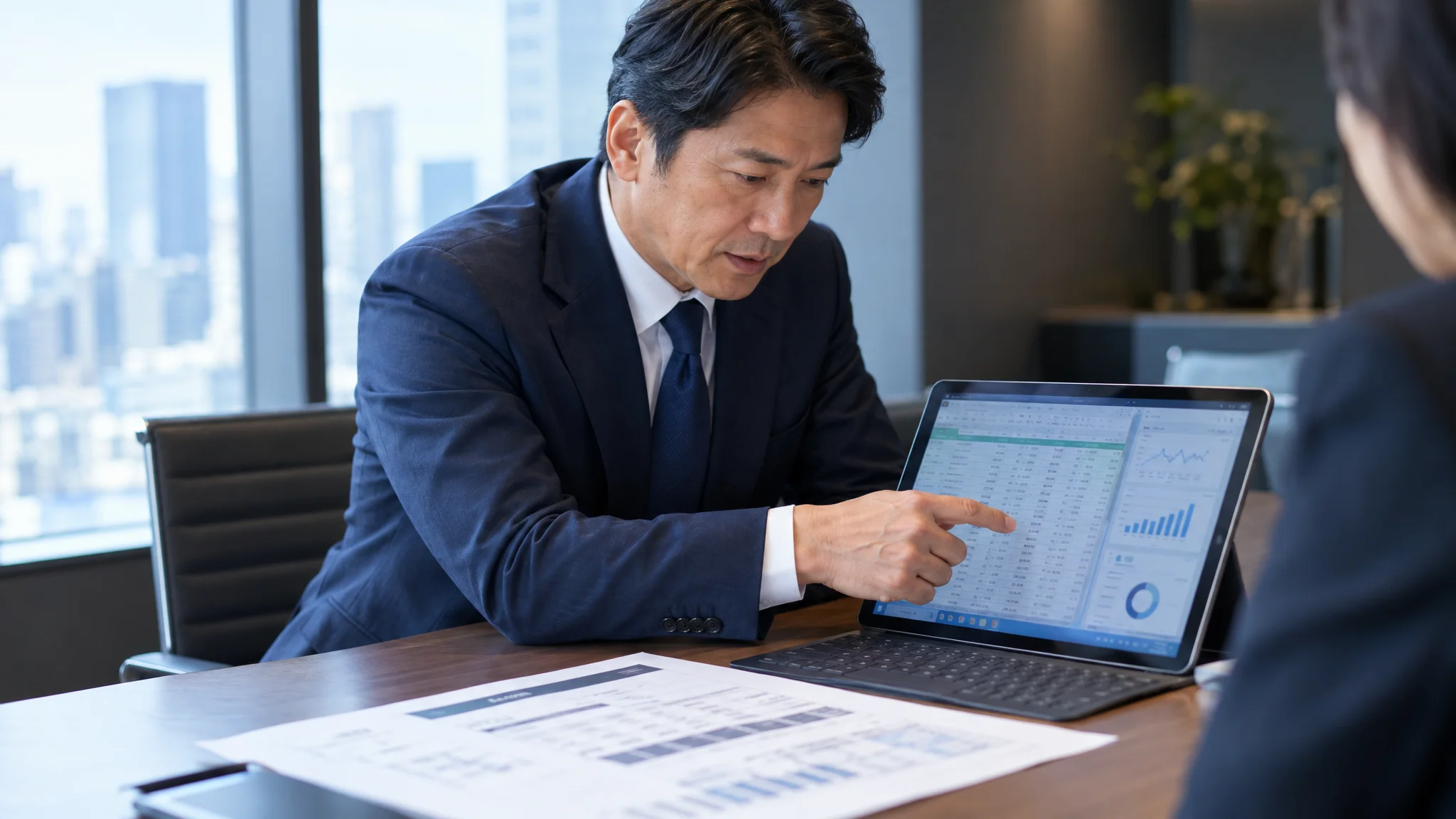 日本人の経営幹部が、会議室でタブレット端末を指差しながら熱心に議論している様子。画面には数値が整然と並んだ表計算ソフトが表示されており、周囲には日本語で書かれた事業計画書が並んでいる。人物の視線は手元のデータに落ちており、真剣な表情が斜め45度の角度から捉えられている。