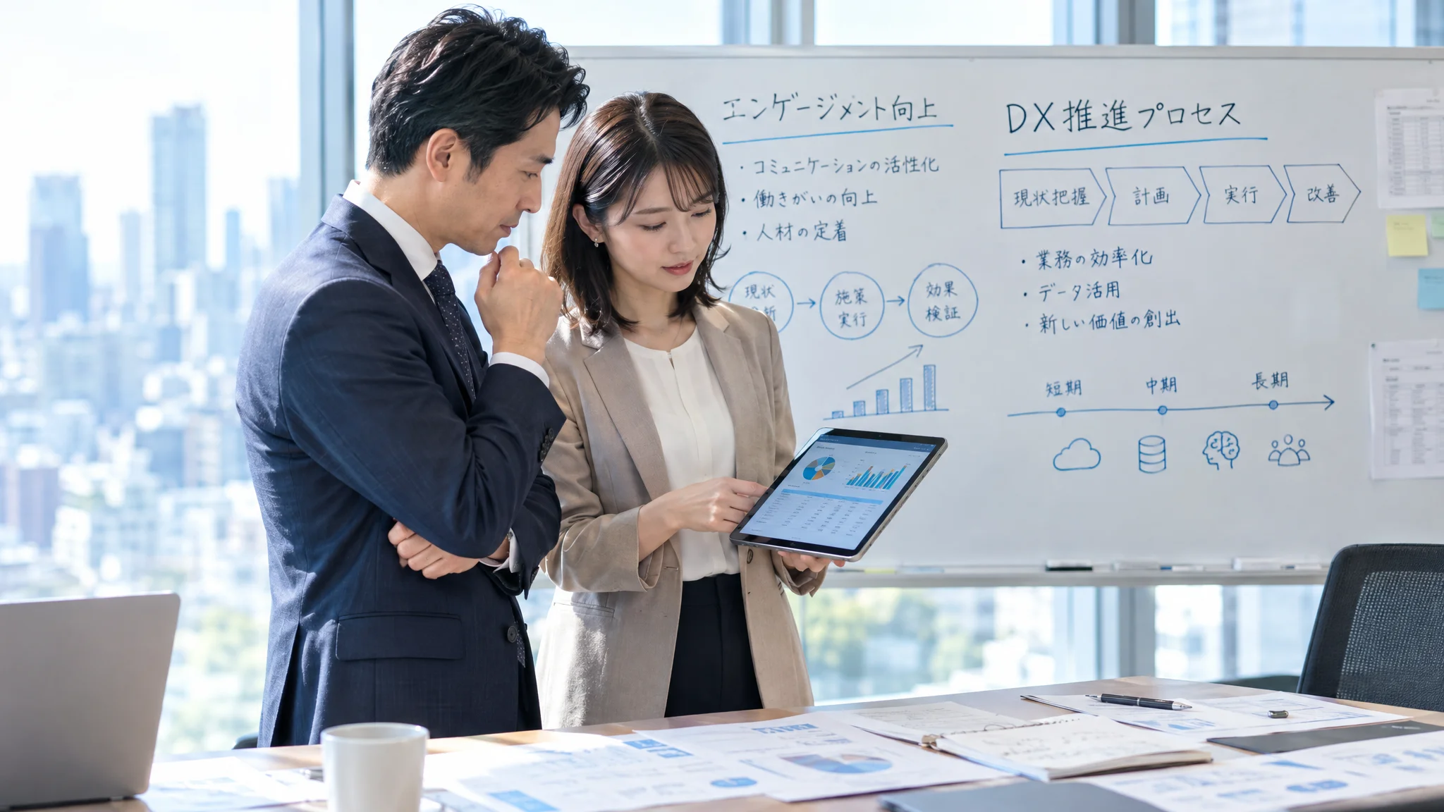 日本人の役員とマネージャーが、会議室のホワイトボードの前に立ち、組織改善のロードマップについて議論している。ホワイトボードには日本語で「エンゲージメント向上」「DX推進プロセス」といった文字や図解が書き込まれており、二人の視線は手元のタブレットに表示された最新の社員アンケート結果に注がれている。