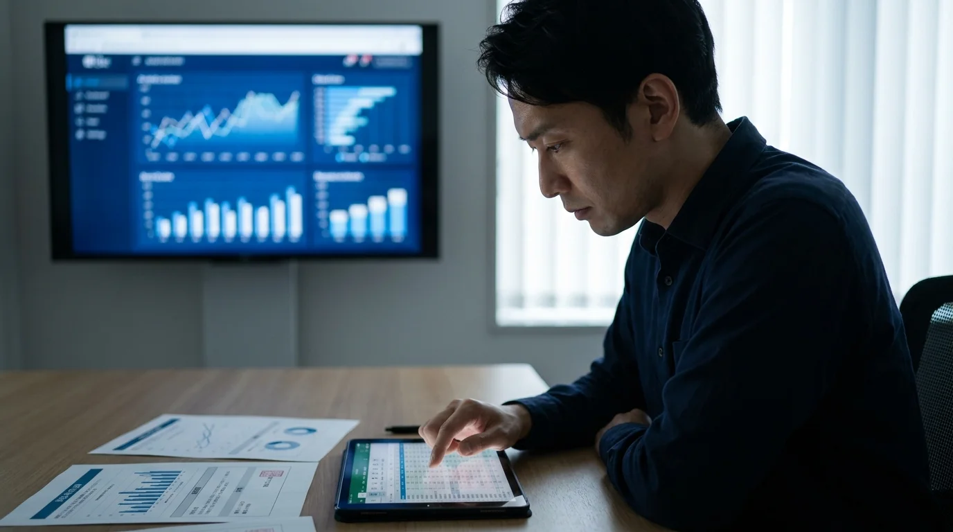 会議室の大きなモニターに映し出された、AIによるデータ解析ダッシュボード。棒グラフや円グラフが日本語で注釈されており、業務効率の改善率が示されている。手前には、日本人のデータアナリストがタブレット端末を操作しながら、データの相関関係を指し示している。視線は手元のデバイスに集中しており、真剣な表情の横顔が写っている。