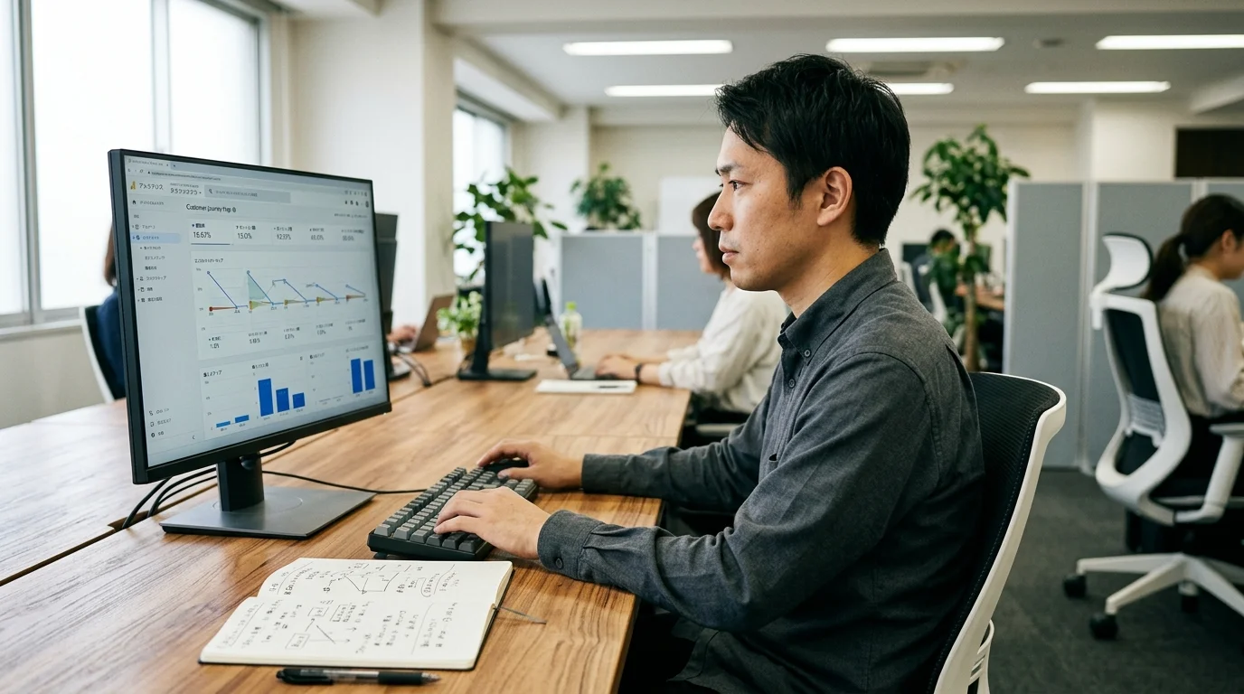 オフィスでデスクトップ画面を注視する日本人のデータアナリスト。画面には複雑なユーザー行動のカスタマージャーニーマップが日本語のフローチャートで表示されており、各接点での離脱率が数値化されている。横顔の視線は鋭く、手元のノートには日本語で改善案が書き込まれている。