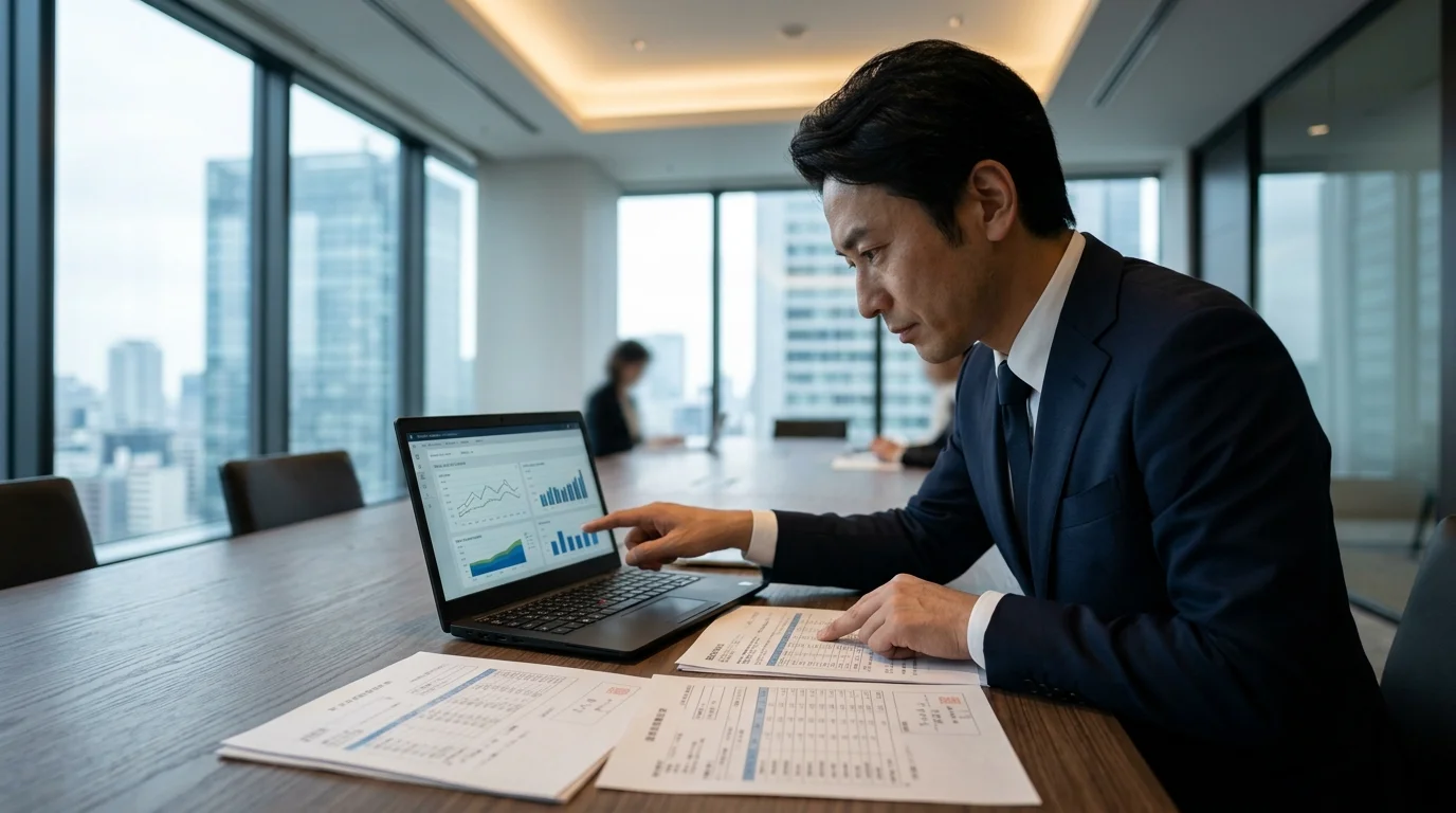 会議室のテーブルに広げられた数枚の日本語の事業計画書。押印欄があり、グラフや表が緻密に構成されている。その書類を指差しながら、ノートパソコンの画面を確認している日本人の役員。視線は手元の数値に落ちており、落ち着いたライティングの室内で戦略を練っている。