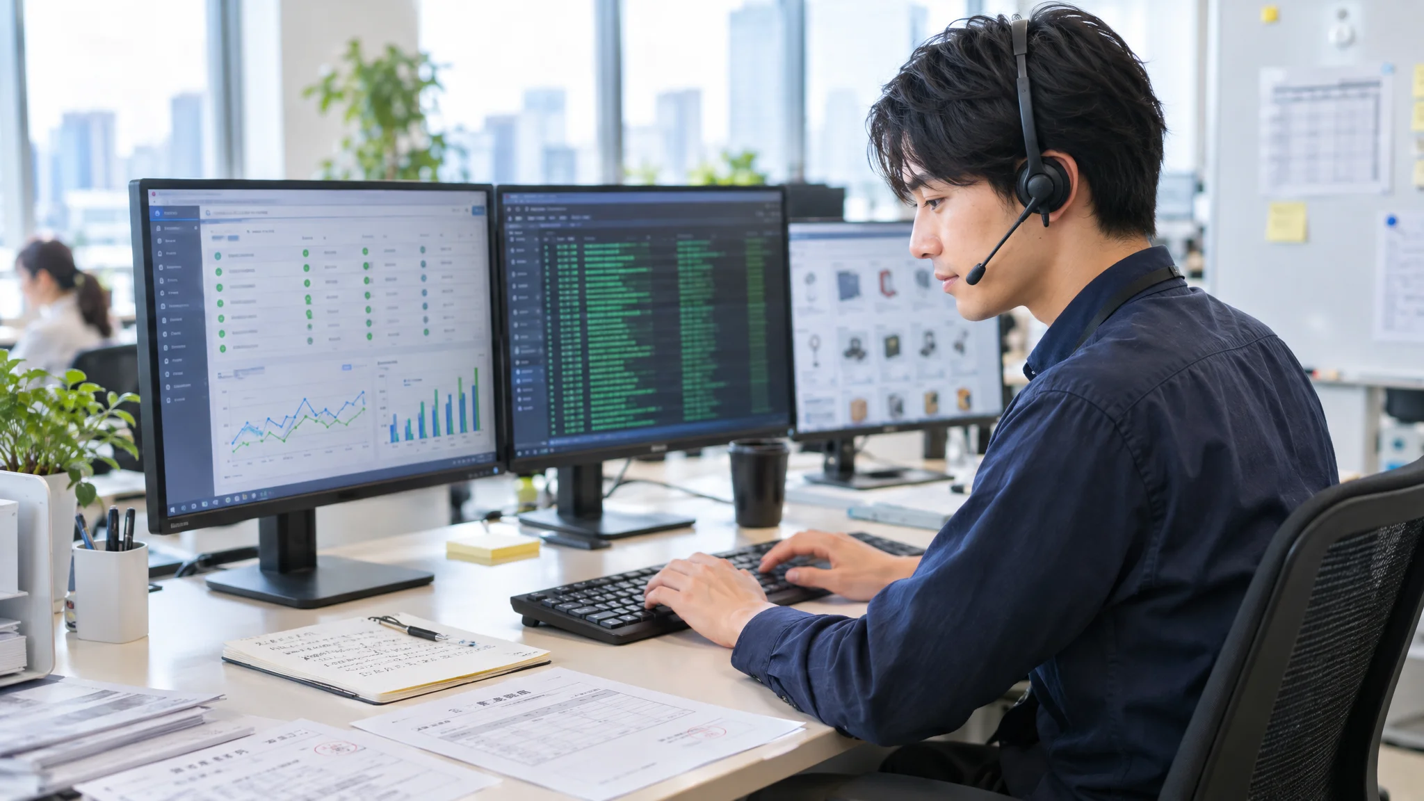 A Japanese system engineer works in a Tokyo office, seen from a diagonal rear view. The screen shows a log of automatically generated metadata in JSON format, confirming that dates and categories are being accurately extracted from documents. A Japanese flowchart illustrating an optimized workflow sits on the desk.