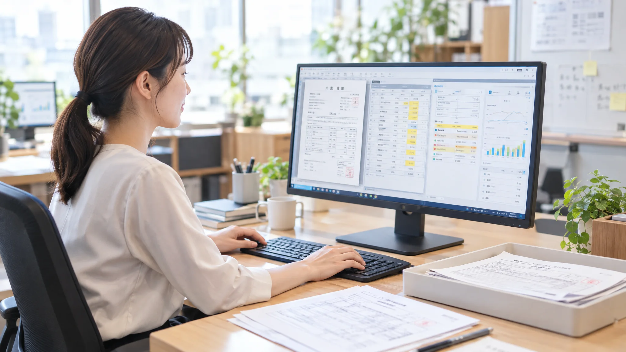 A Japanese data analyst checks the inference accuracy of journal entry data in front of dual monitors. The screens show complex data flow diagrams and the confidence percentages of account items determined by AI. Their gaze moves between the physical documents and the screen, showing a focused profile. The office has calm lighting with indoor plants in the background.