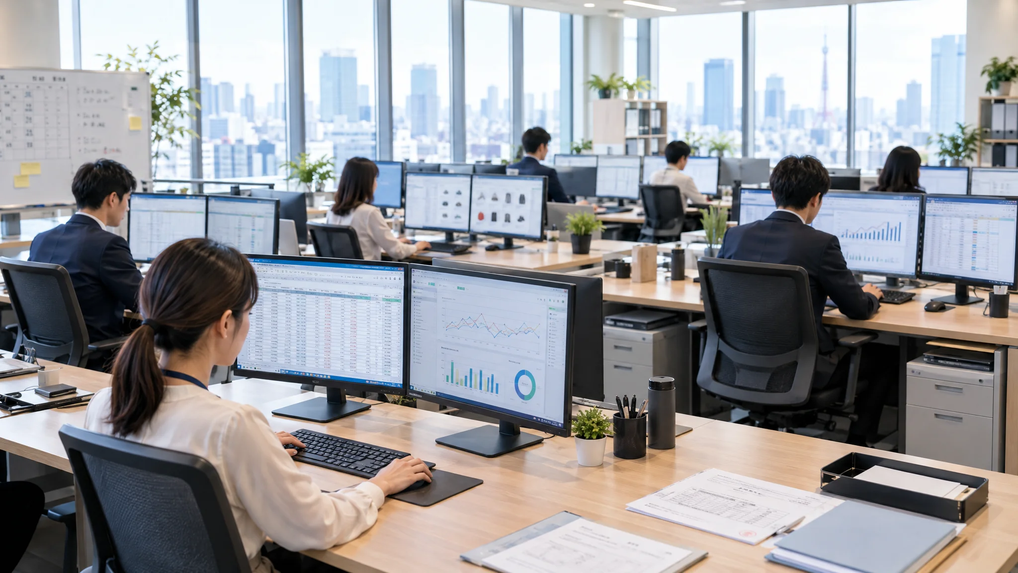 A Japanese executive points to a proposed accounting flow improvement on a tablet in a Japanese business conference room. Holding a pen, they look intently at the figures on the screen. A paper workflow diagram written in Japanese lies on the table, with urban skyscrapers visible through the window. The space features plain white walls and modern office furniture.